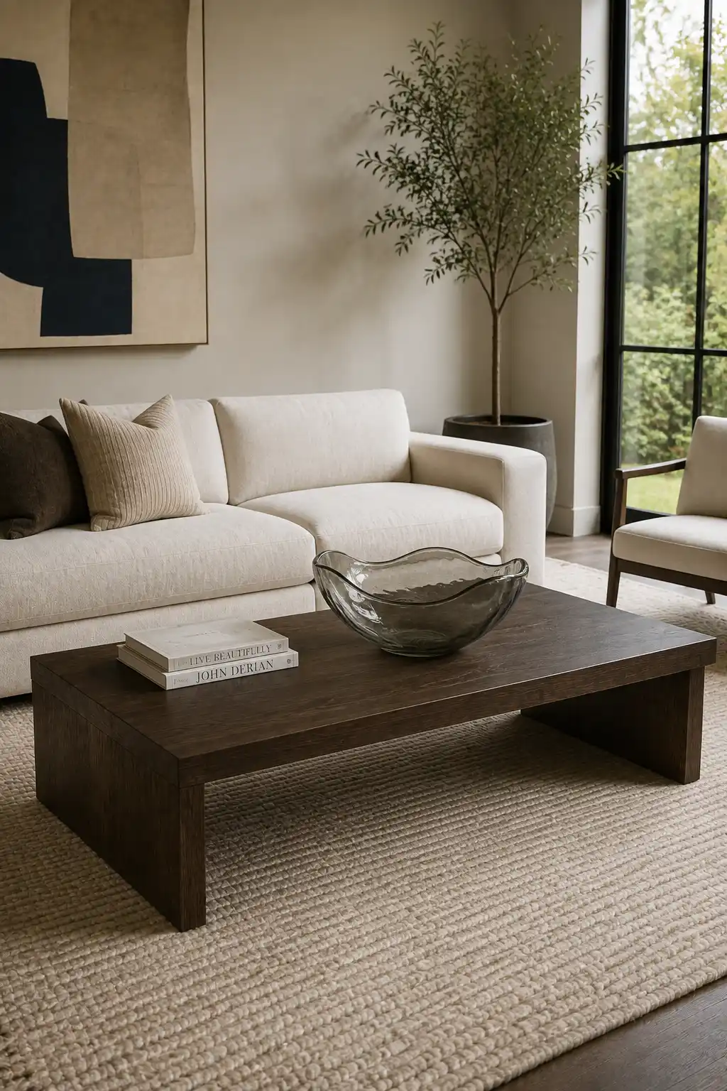 Dark walnut rectangular coffee table featuring a large organically shaped transparent glass bowl as the centerpiece and a small stack of neutral coffee table books, placed in an elegant contemporary living room with a cream sofa, neutral accent chair, textured rug, large windows, natural greenery, and warm daylight.