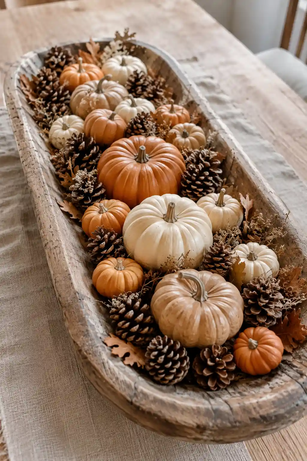 Large rustic wooden dough bowl filled with a balanced mix of warm orange, creamy white, soft tan, and beige pumpkins in varied sizes, surrounded by oversized natural pinecones, dried autumn leaves, delicate seed pods, and rustic foliage, creating a cozy harvest-inspired centerpiece on a neutral dining table.