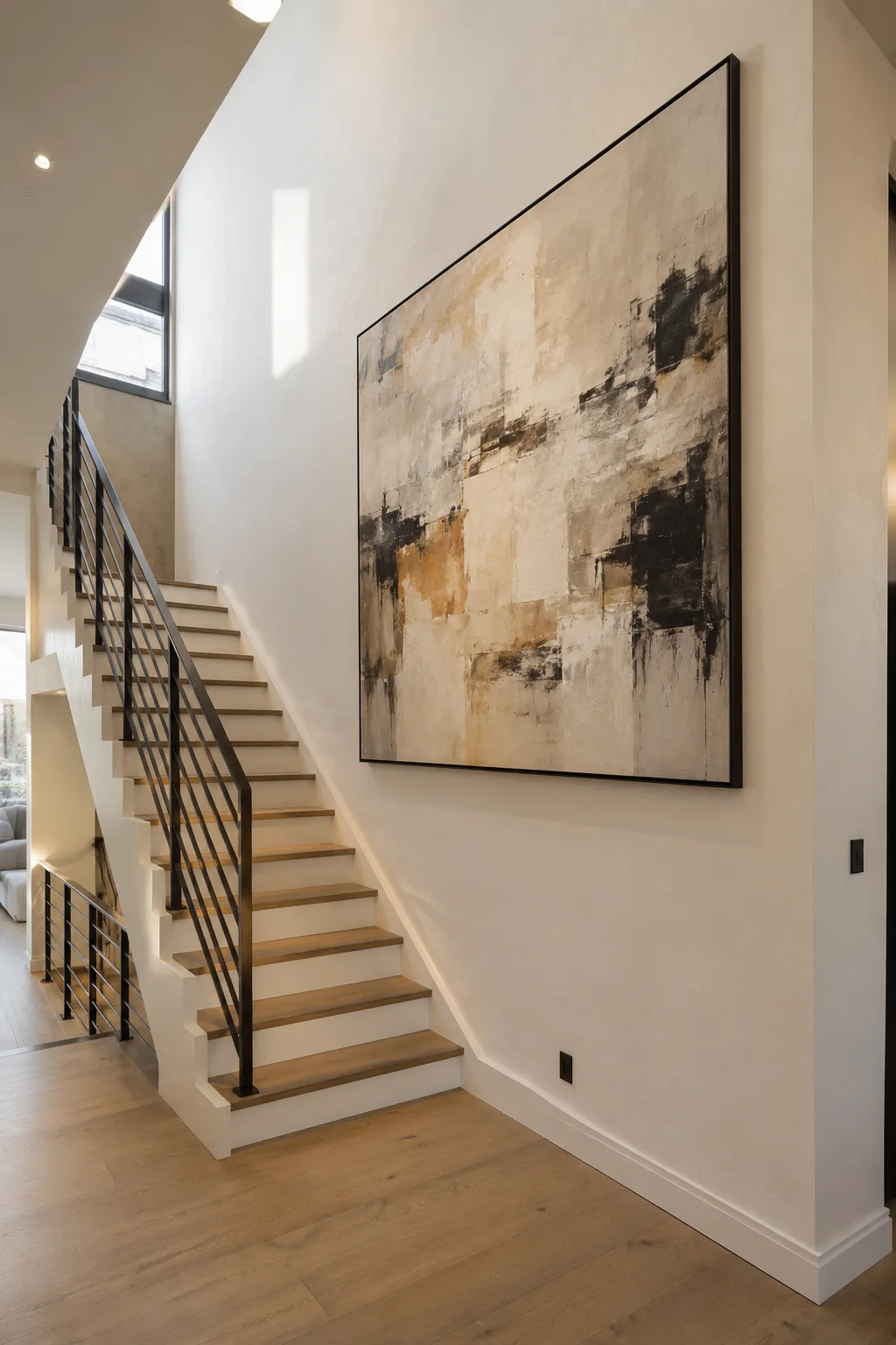 Contemporary staircase featuring one oversized abstract artwork in a thin black frame mounted on a tall warm ivory wall. The large neutral painting combines cream, beige, charcoal, muted brown, and subtle black brushwork, creating a dramatic focal point above the natural wood staircase with modern dark metal railing and soft architectural lighting.