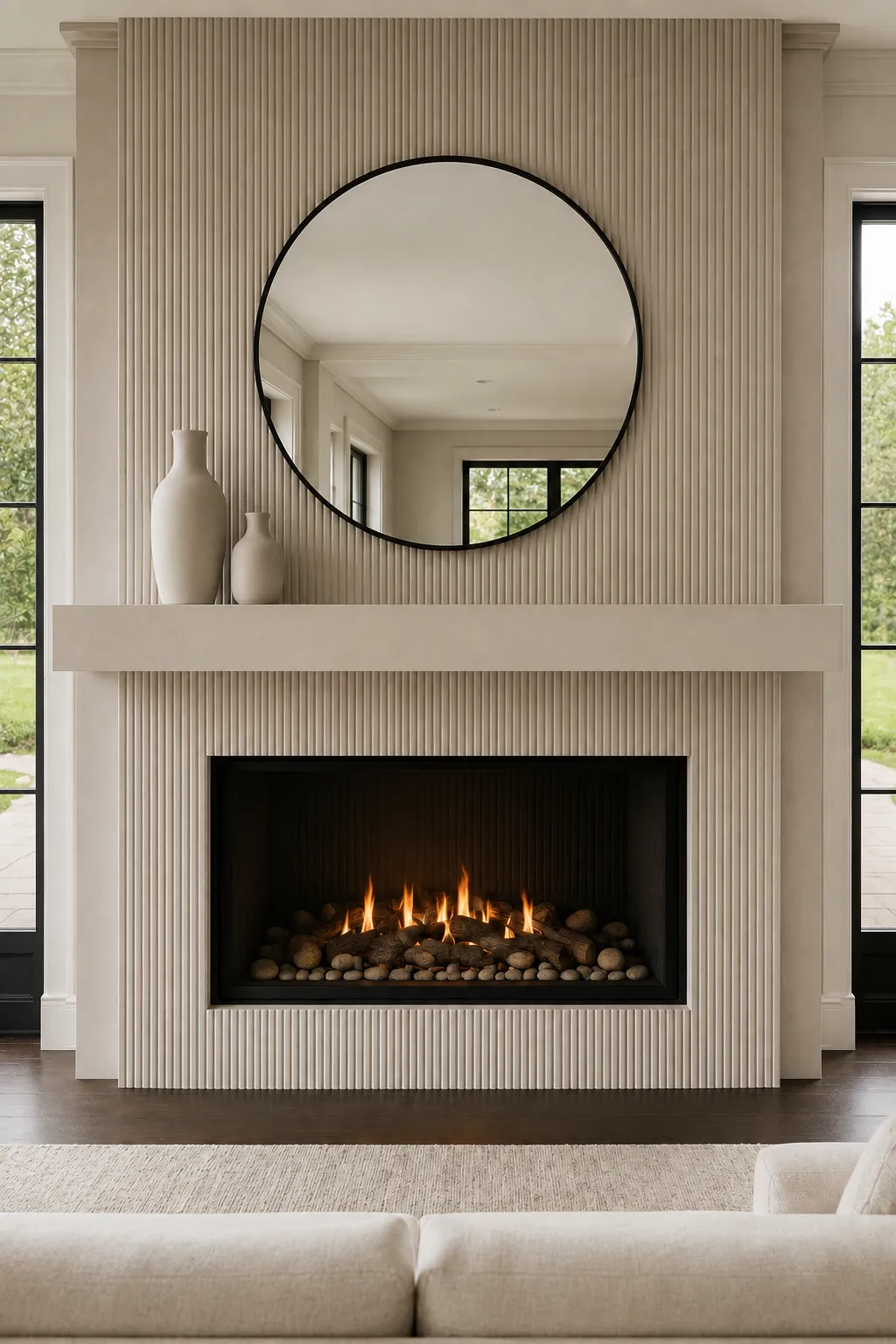 Elegant contemporary fireplace surrounded by fine vertical fluted wall detailing in warm beige, creating a textured architectural feature from floor to ceiling. A large round mirror with a thin black frame is centered above the mantel, while two sculptural cream ceramic vases create a simple asymmetrical arrangement. The wide black fireplace opening contains glowing flames and natural stones, complemented by cream seating, light textured flooring, tall black framed windows, and refined modern living room decor.