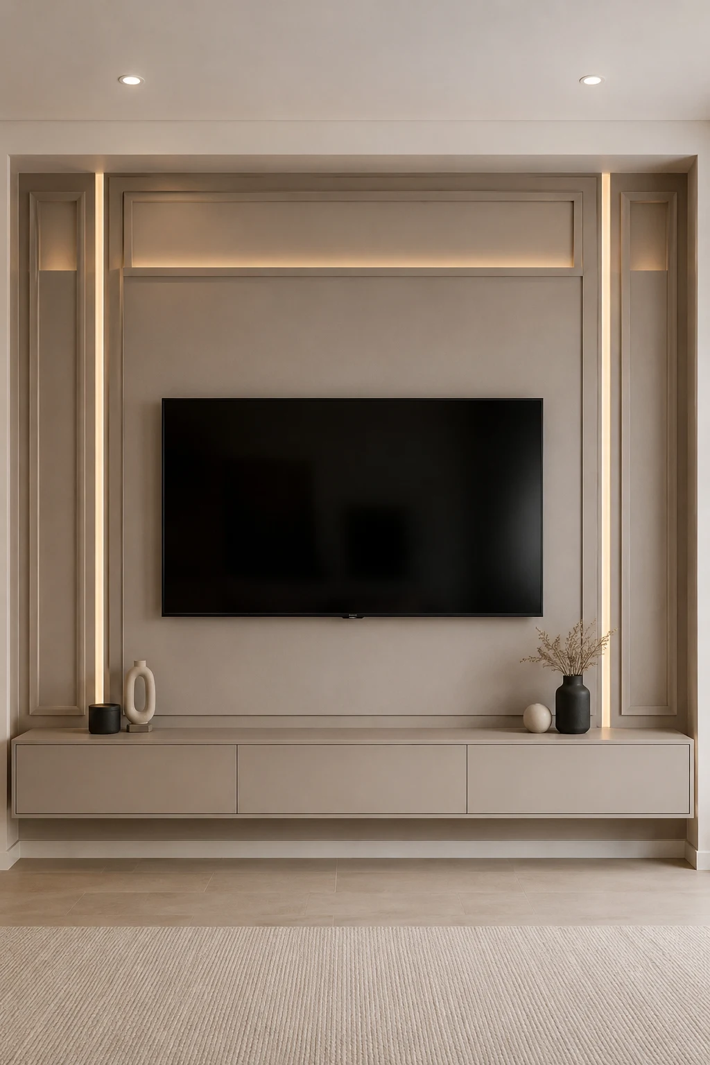 Soft taupe built in TV wall featuring a large black flat screen television centered within a custom architectural surround, tall framed recessed niches on both sides, slim illuminated upper recess, long taupe floating media console with handleless cabinetry, warm integrated LED lighting, subtle panel detailing, neutral flooring, simple ceramic accessories, and realistic contemporary living room construction.