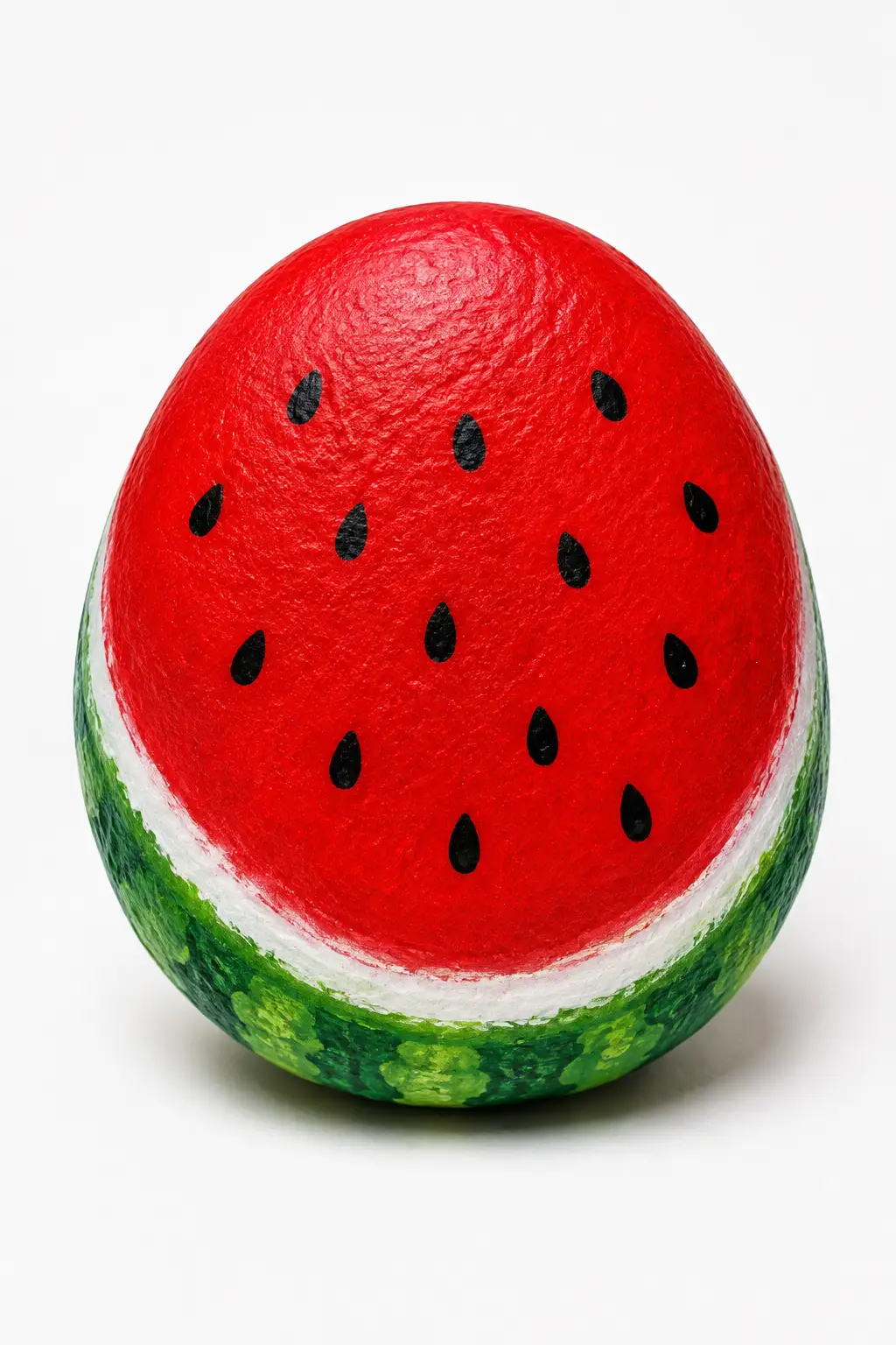 Cute watermelon rock painting featuring a rounded stone transformed into a bright red watermelon with small black seeds, a crisp white inner rind, and layered green outer rind, shown as a detailed finished summer painted rock against a clean light background with realistic stone and acrylic paint texture.