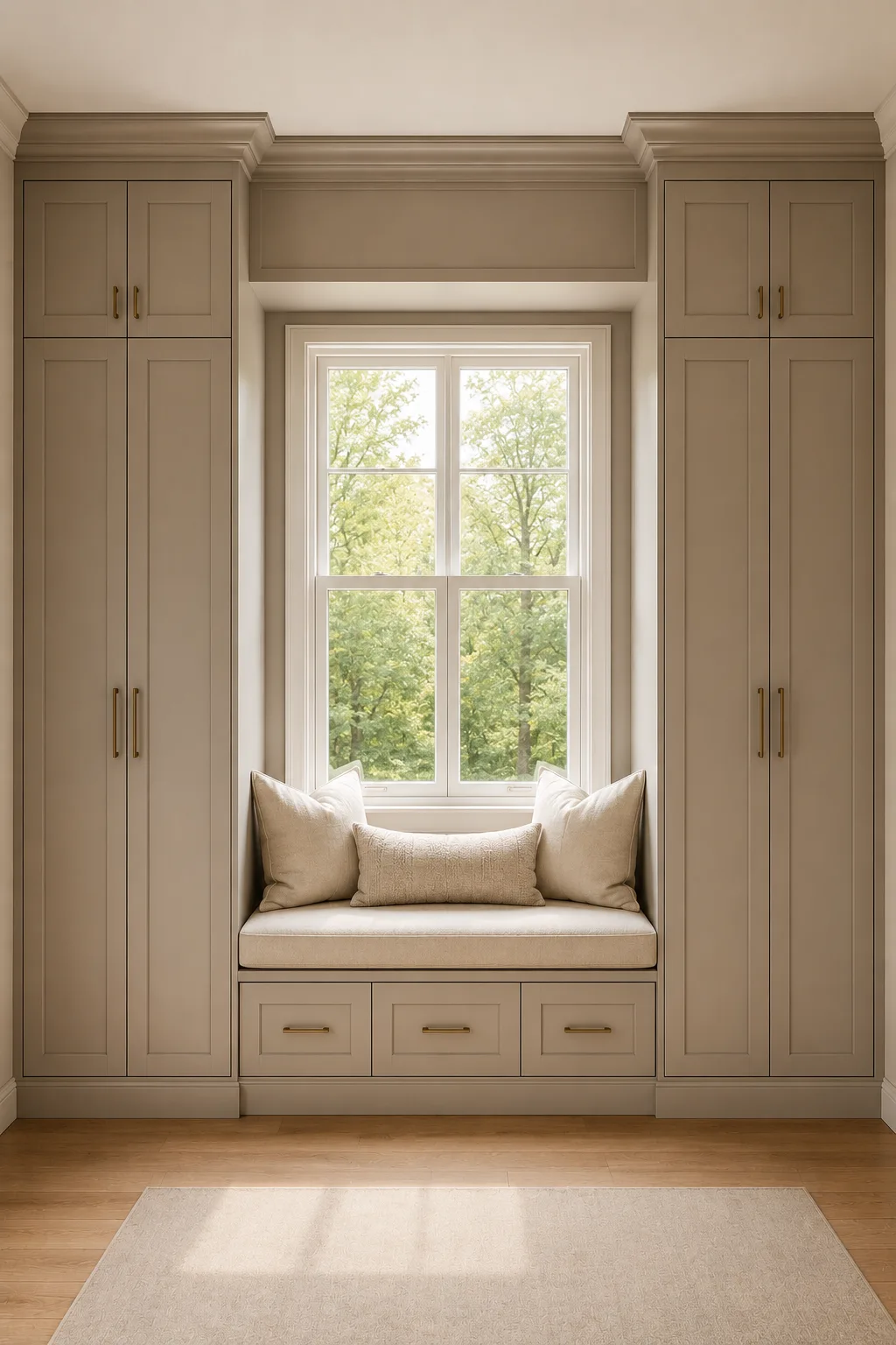 Cozy cream IKEA closet surrounding a large bedroom window, featuring tall symmetrical paneled wardrobes, an overhead cabinet above the window, a comfortable upholstered built-in window seat, three spacious drawers beneath the seat, brass handles, soft neutral cushions, natural daylight, warm wood flooring, and a light area rug for an elegant custom storage wall.