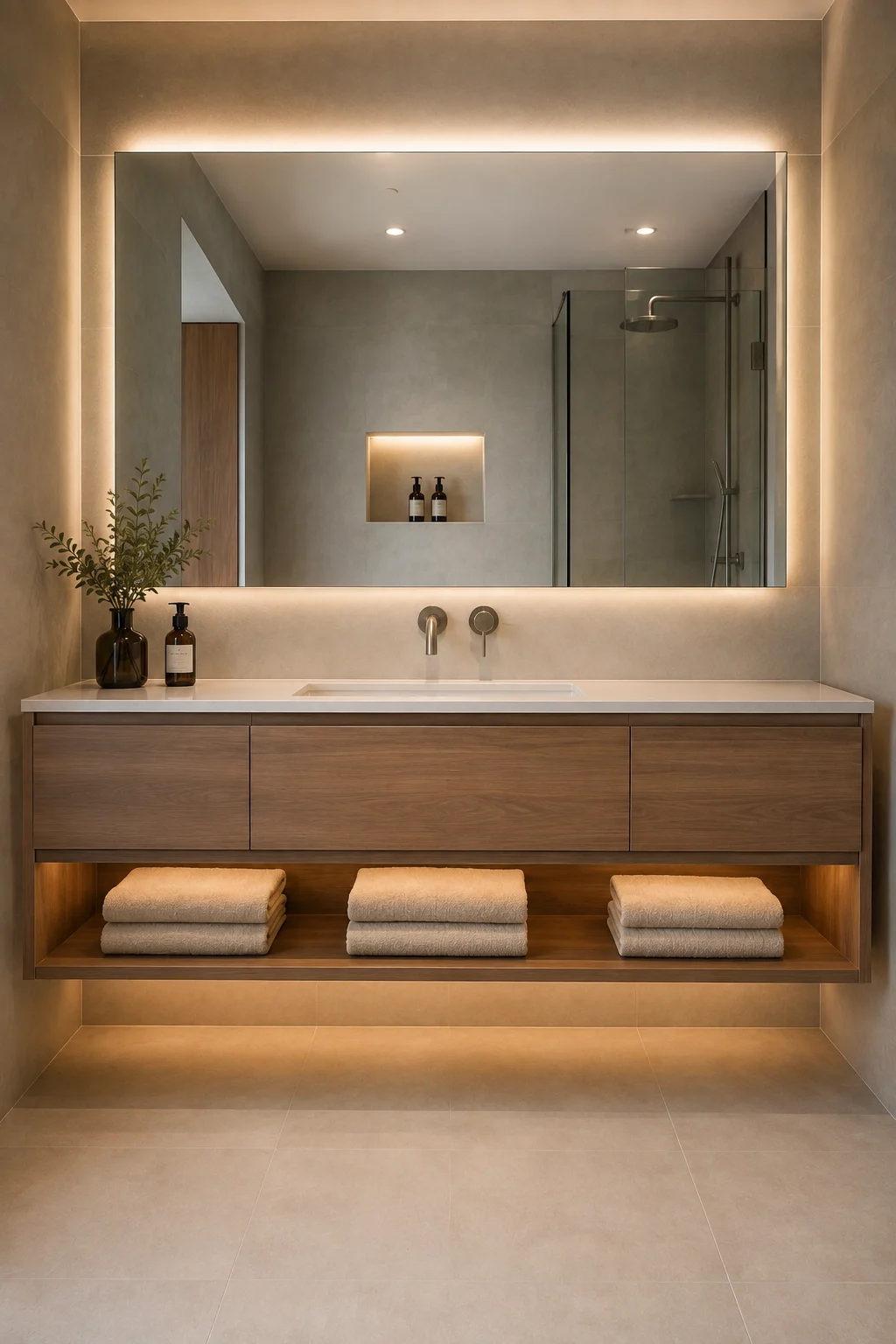 Modern floating bathroom vanity featuring wide closed wood drawers and a long open lower storage shelf with neatly folded neutral towels, creating practical bathroom storage while keeping everyday toiletries and clutter concealed.