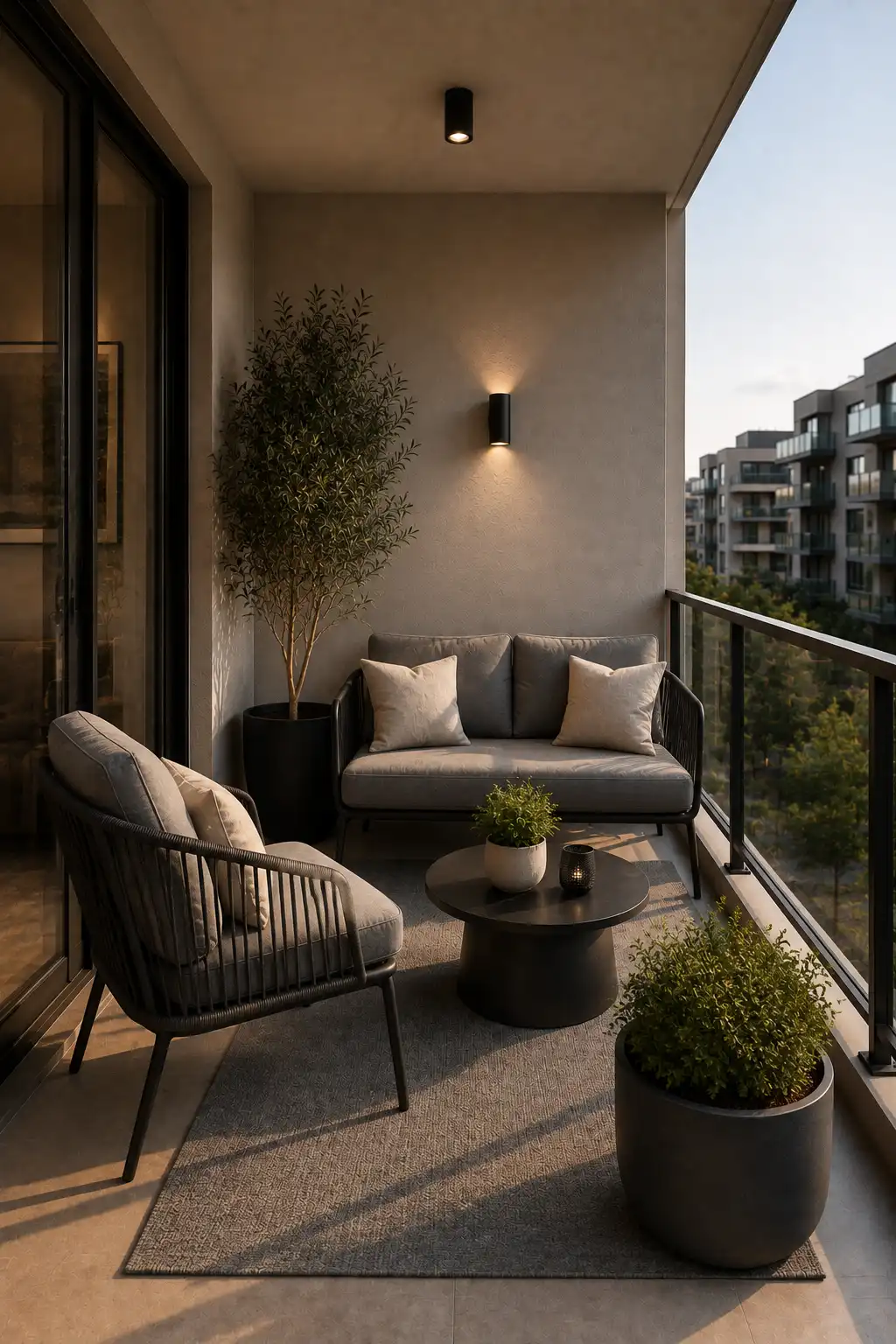 Stylish apartment balcony seating area featuring a compact contemporary sofa and separate cushioned lounge chair arranged around a low round black coffee table. A large neutral outdoor rug anchors the furniture, while tall architectural plants, warm beige walls, and a modern glass railing create a balanced and inviting outdoor conversation space.