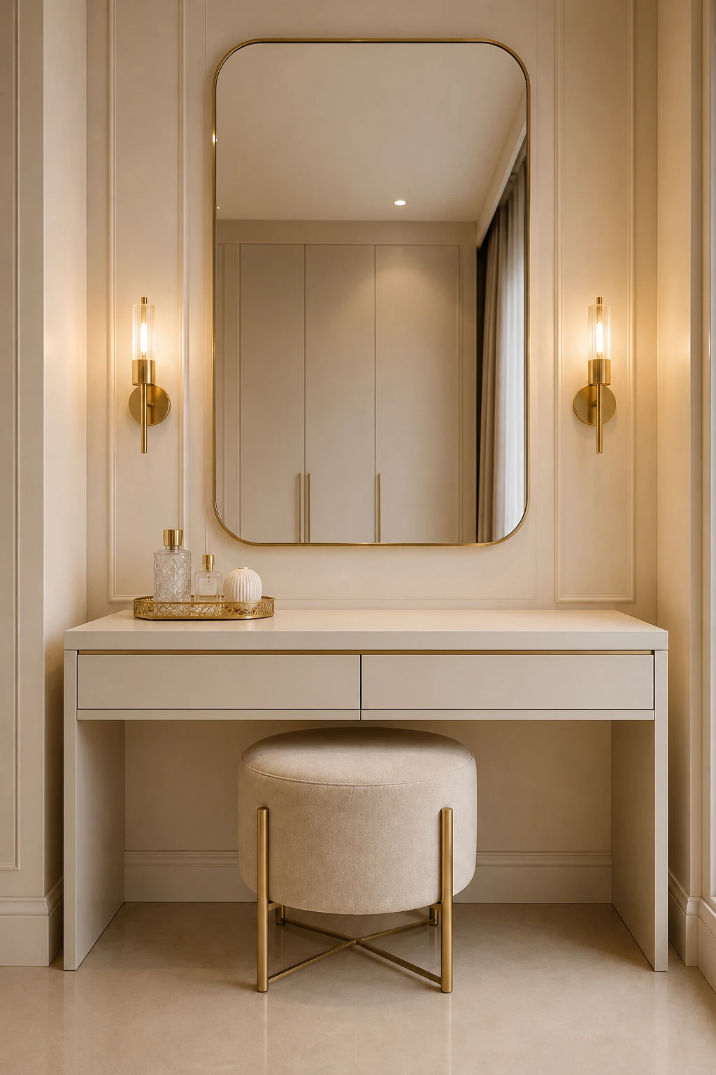 Elegant symmetrical vanity design featuring a large rounded rectangular mirror with a thin champagne gold frame, matching elongated wall sconces positioned evenly on both sides of the mirror, warm glowing bulbs creating balanced vanity lighting, refined cream wall panel molding, a minimalist floating vanity with a clean light beige countertop and two handleless drawers, a plush round cream upholstered stool with geometric champagne gold legs, a decorative gold tray holding perfume bottles, a small ribbed ceramic accessory, polished neutral flooring, and a sophisticated warm contemporary interior.