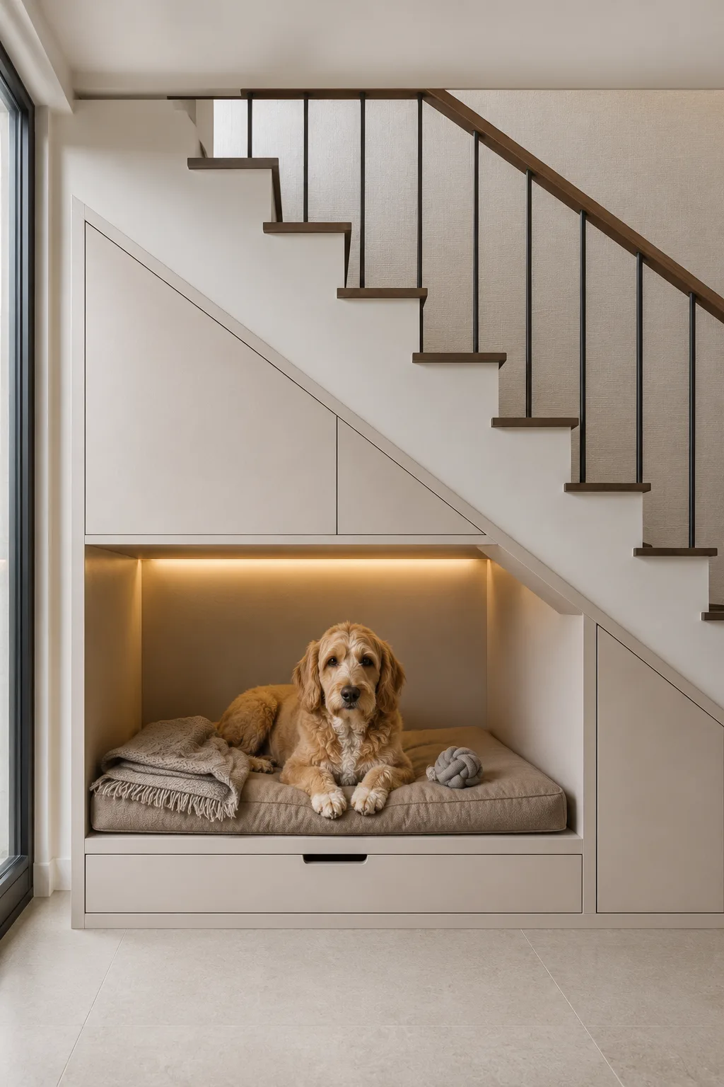 Modern under staircase dog nook designed beneath a contemporary staircase, featuring a custom recessed sleeping area with a large washable neutral cushion, a golden retriever resting comfortably inside, warm integrated lighting, built in lower storage drawer, smooth cream cabinetry, wood stair accents, black vertical railing details, and a clean modern home interior.