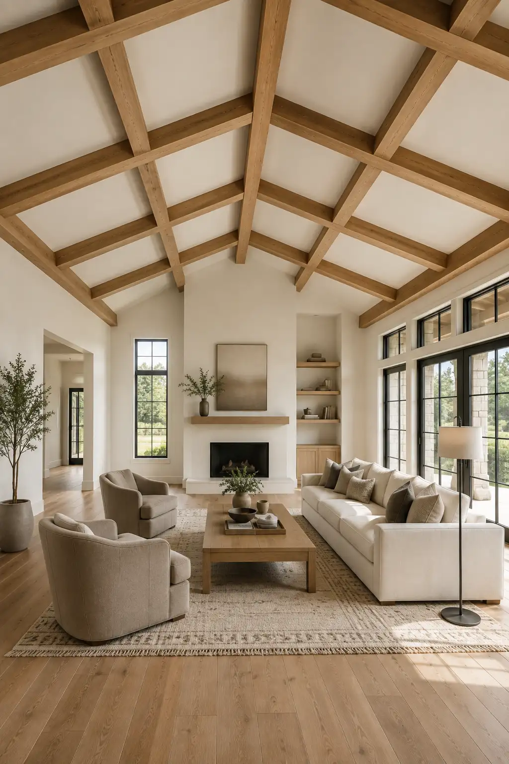Refined modern rustic living room with a geometric light oak beam grid spanning a warm white vaulted ceiling, featuring intersecting wood beams, black framed windows, a minimalist fireplace, cream sofa, neutral lounge chairs, pale wood cabinetry, and natural oak flooring.