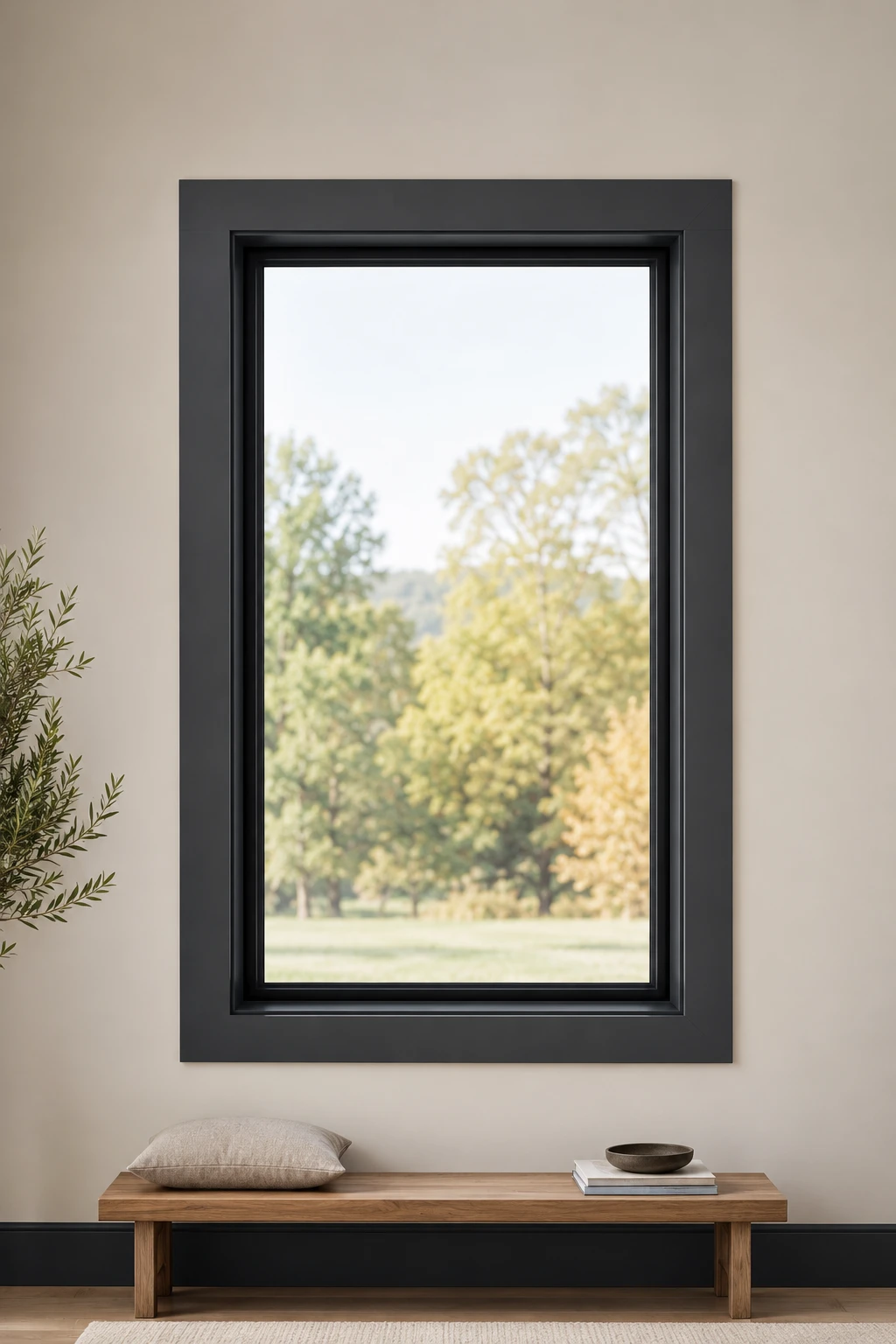 Bold charcoal window trim featuring wide dark casing around a tall rectangular window set against a warm cream wall. The deep charcoal finish creates striking architectural contrast while the broad flat profile turns the window into a sophisticated focal point within the contemporary neutral interior.