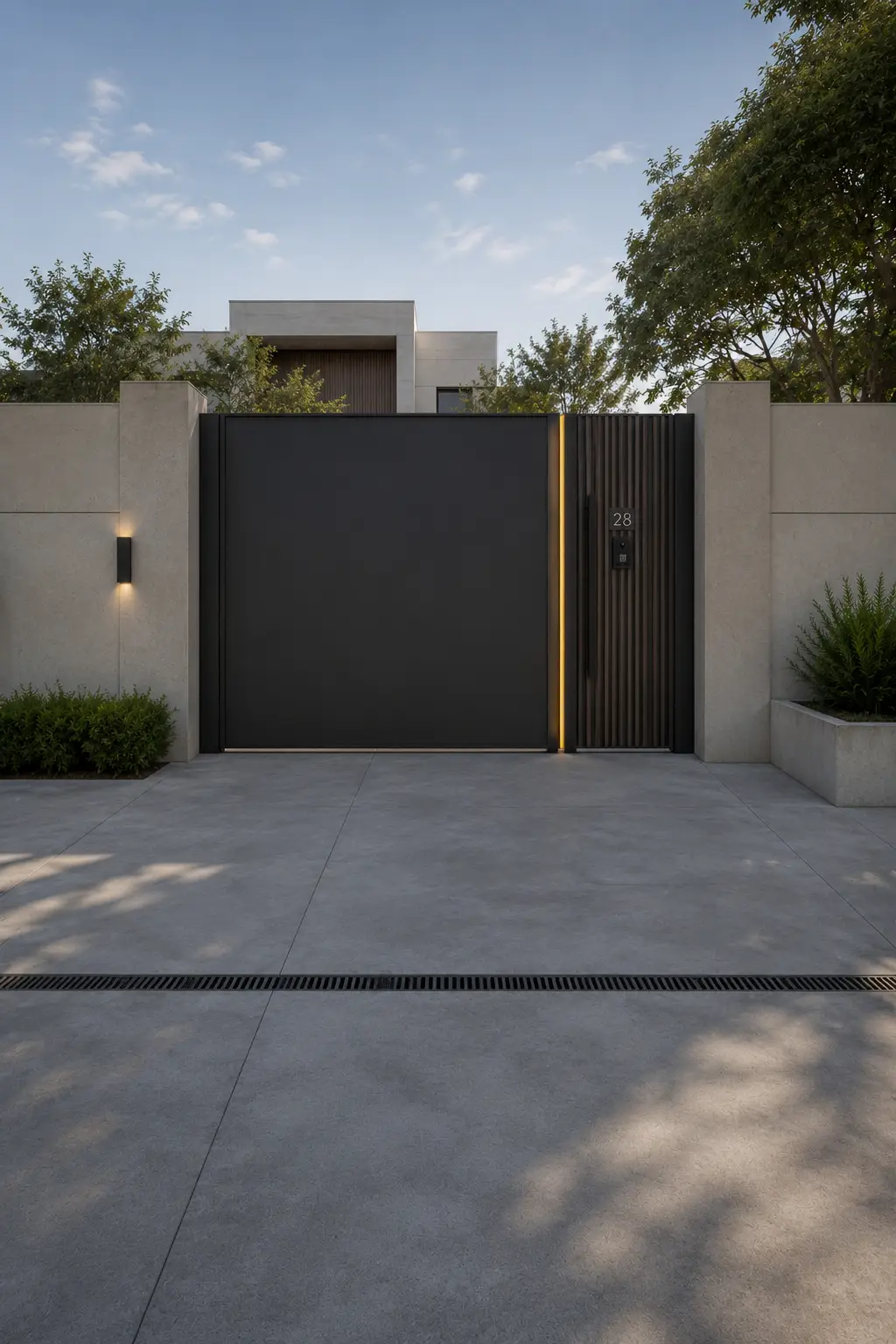 Contemporary entrance gate design featuring a large smooth graphite privacy panel paired with a narrow vertical ribbed metal section, warm illuminated divider, integrated house numbers and access controls, pale concrete boundary walls, minimalist wall lighting, landscaped planters, and a wide paved driveway.