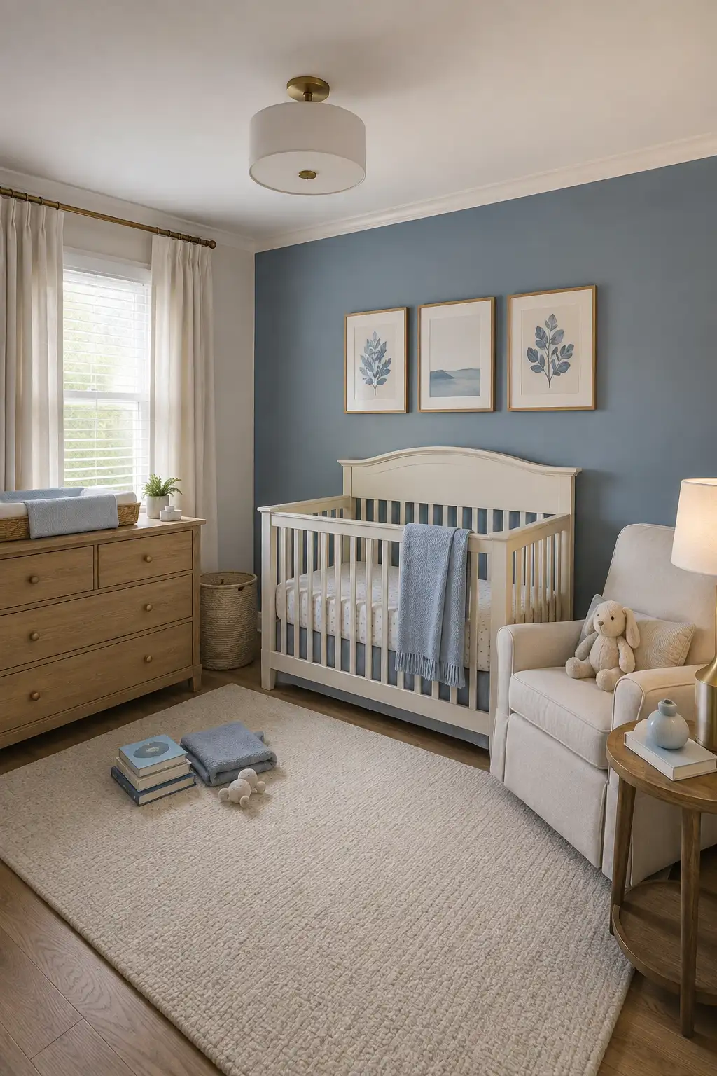 Fresh baby boy nursery with a soft muted blue accent wall, warm white crib, natural wood dresser, cream upholstered nursing chair, three framed botanical and landscape prints, ivory curtains, light neutral area rug, dusty blue blanket, warm wood flooring, and simple accessories creating a calm modern nursery design.