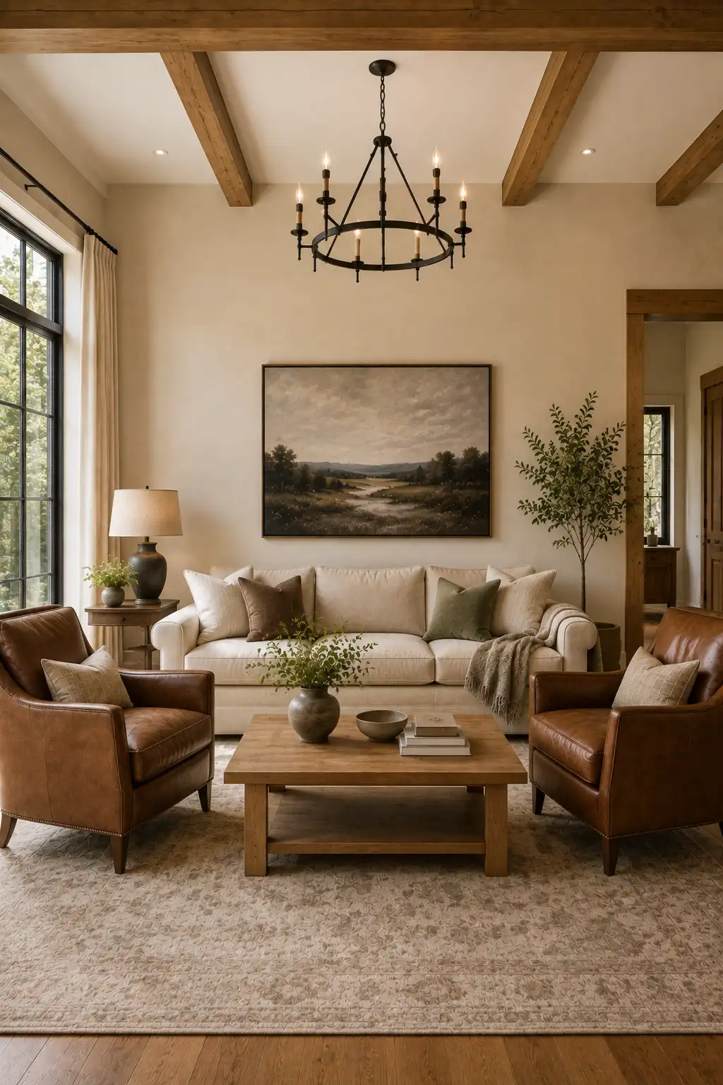 Elegant farmhouse living room featuring two cognac brown leather accent chairs facing a warm cream sofa, natural oak coffee table, exposed wood ceiling beams, black statement chandelier, muted olive pillows, neutral patterned rug, landscape artwork, large windows, and simple leafy greenery.