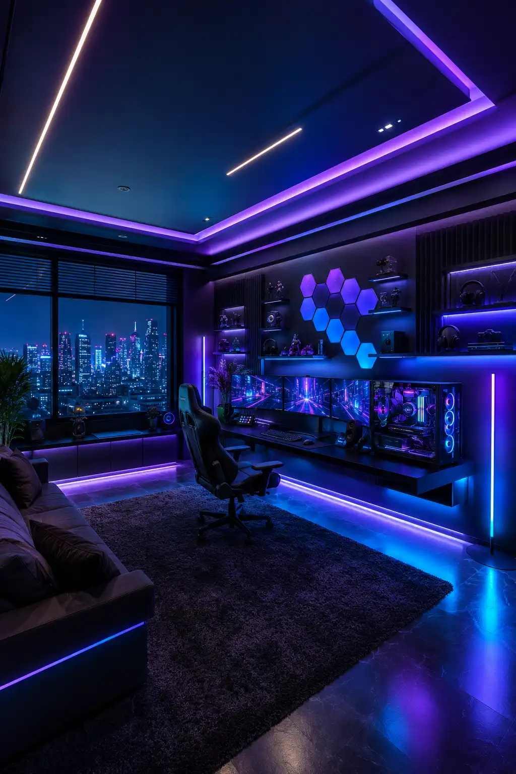 Immersive dark gaming room featuring a triple monitor gaming setup, floating black desk, RGB gaming PC, geometric wall lights, illuminated display shelves, blue and purple LED ceiling lighting, vertical RGB light bars, large dark rug, modern sofa, and dramatic nighttime city views.