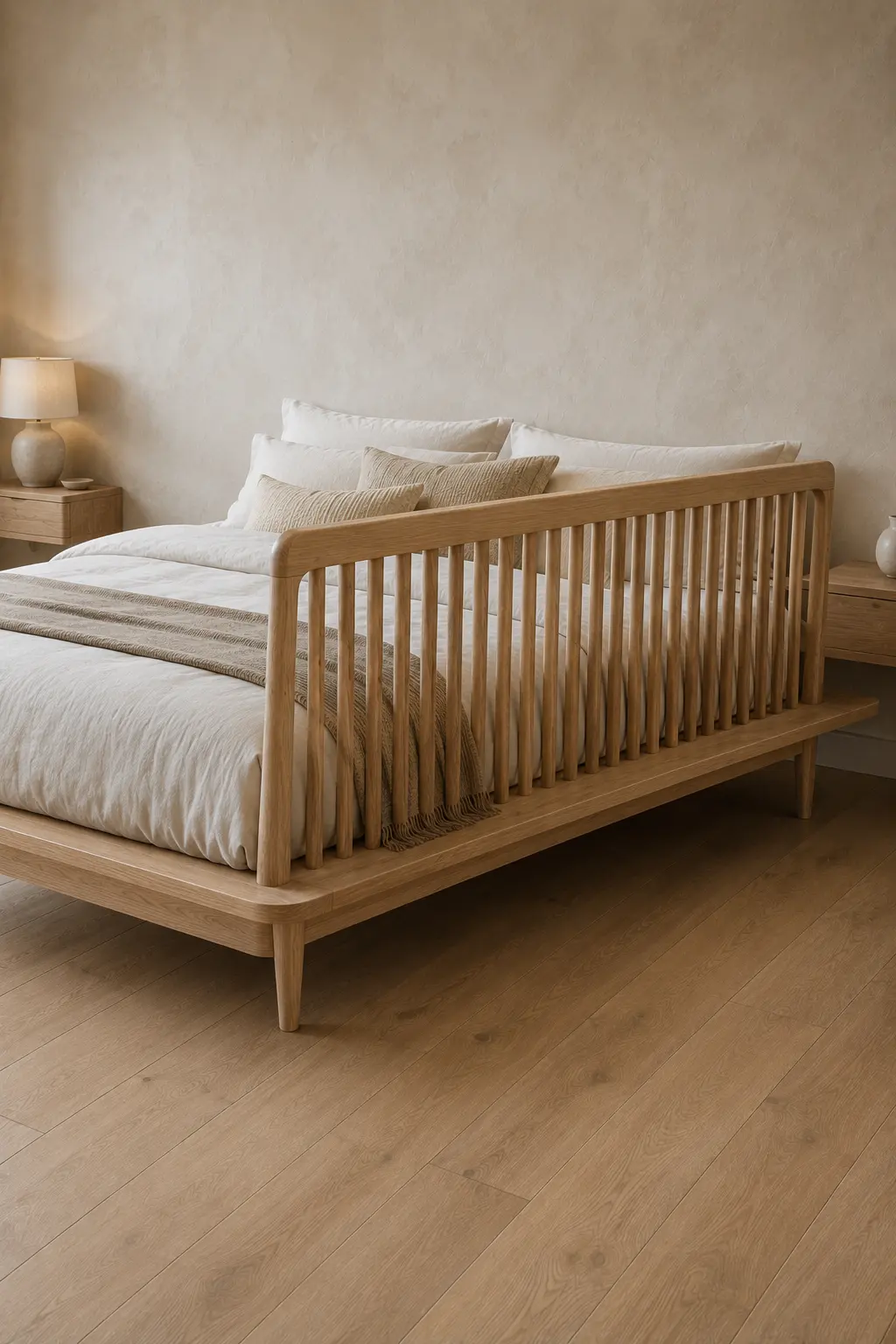 Natural wood spindle bed featuring an open vertical slat footboard, rounded solid wood rails, slim tapered legs, raised platform construction, layered white bedding, beige textured pillows and throw, matching wood nightstands, and warm neutral bedroom styling.