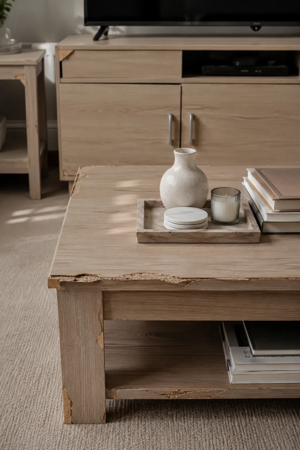 Close view of inexpensive wood look living room furniture with visibly chipped edges, peeling veneer, damaged corners, worn surfaces, and matching mass produced pieces, showing how low quality fast furniture can quickly make an otherwise styled living room appear worn and dated.