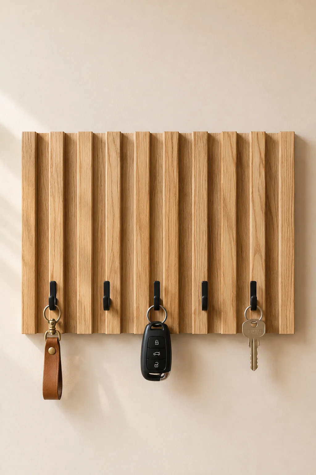 Fluted wood DIY key holder crafted from warm natural oak with dimensional vertical grooves, slim matte black hooks, leather key loop, black car fob, and house keys for contemporary entryway storage and textured wall decor.