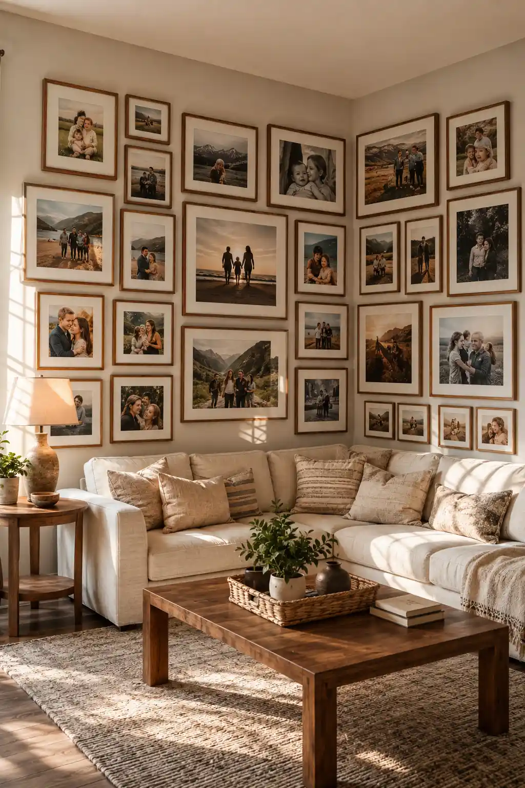 Warm family living room featuring a cozy corner photo gallery filled with family portraits, travel memories, outdoor photographs, and candid moments in matching natural wood frames above a comfortable sectional sofa.