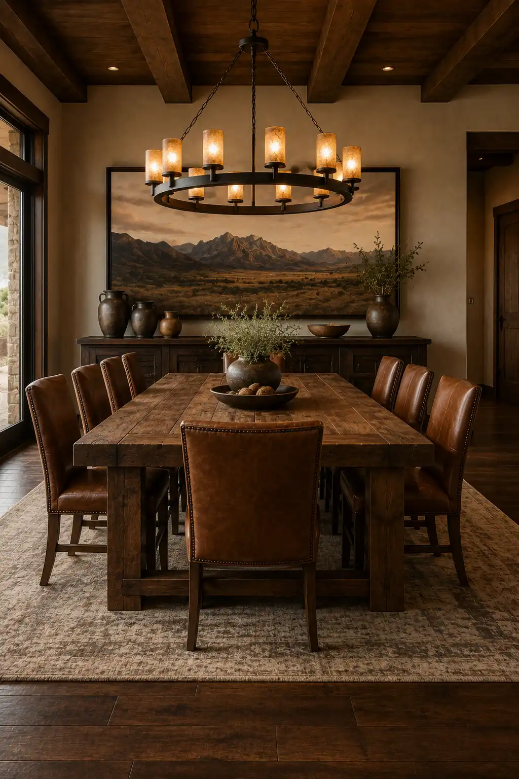 Elegant Western dining room featuring a substantial reclaimed wood dining table surrounded by rich cognac leather dining chairs, oversized circular metal chandelier with warm lights, large framed Western mountain landscape artwork, dark wood sideboard, exposed timber ceiling beams, warm beige walls, patterned area rug, and refined ranch-style interior decor.