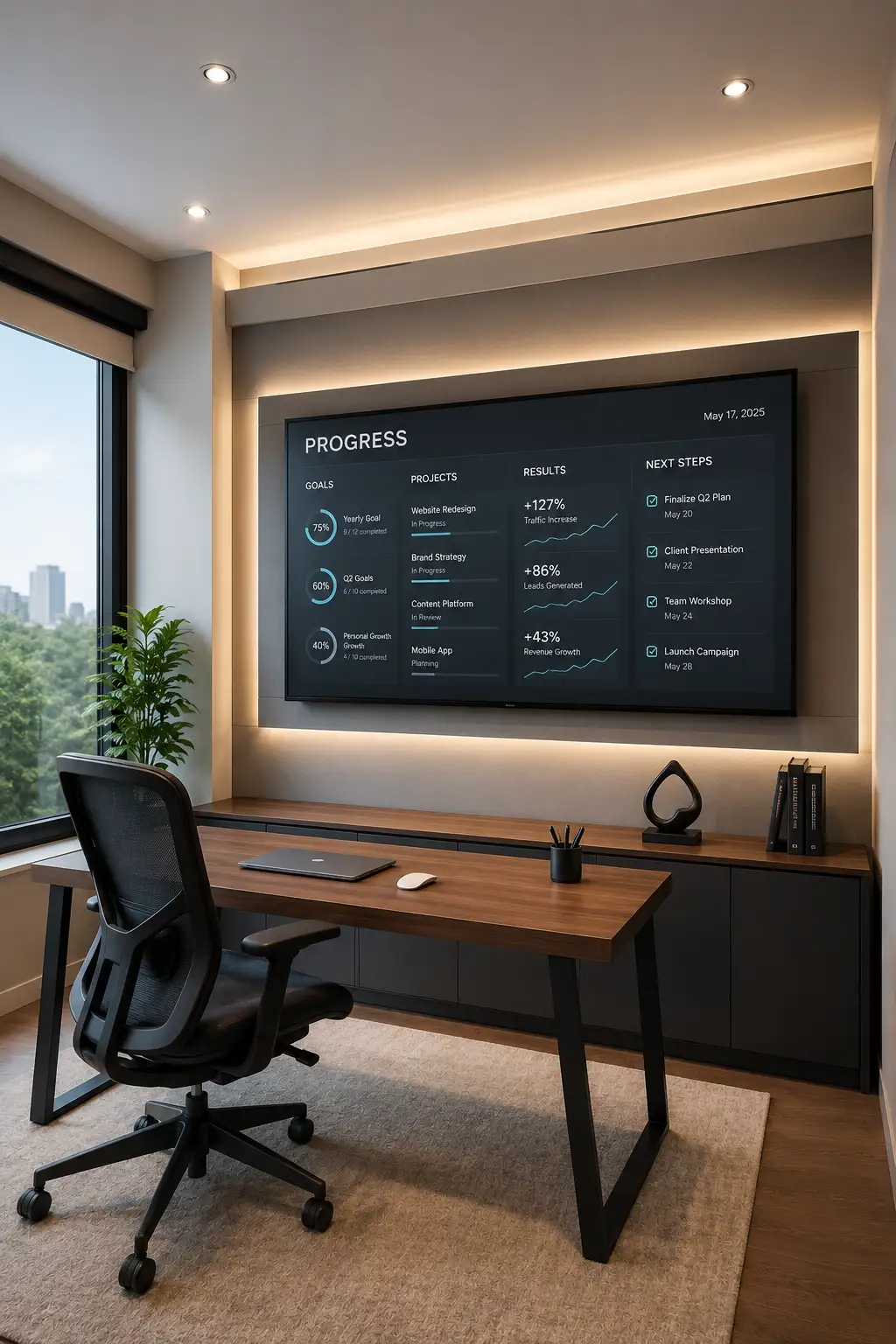 Modern small office featuring a large wall-mounted digital progress display showing goals, projects, results, and next steps, surrounded by sophisticated architectural framing and warm backlighting, contemporary walnut desk, ergonomic black mesh chair, minimalist laptop and desk accessories, black storage cabinetry, large window, neutral rug, and premium technology-focused modern office decor.