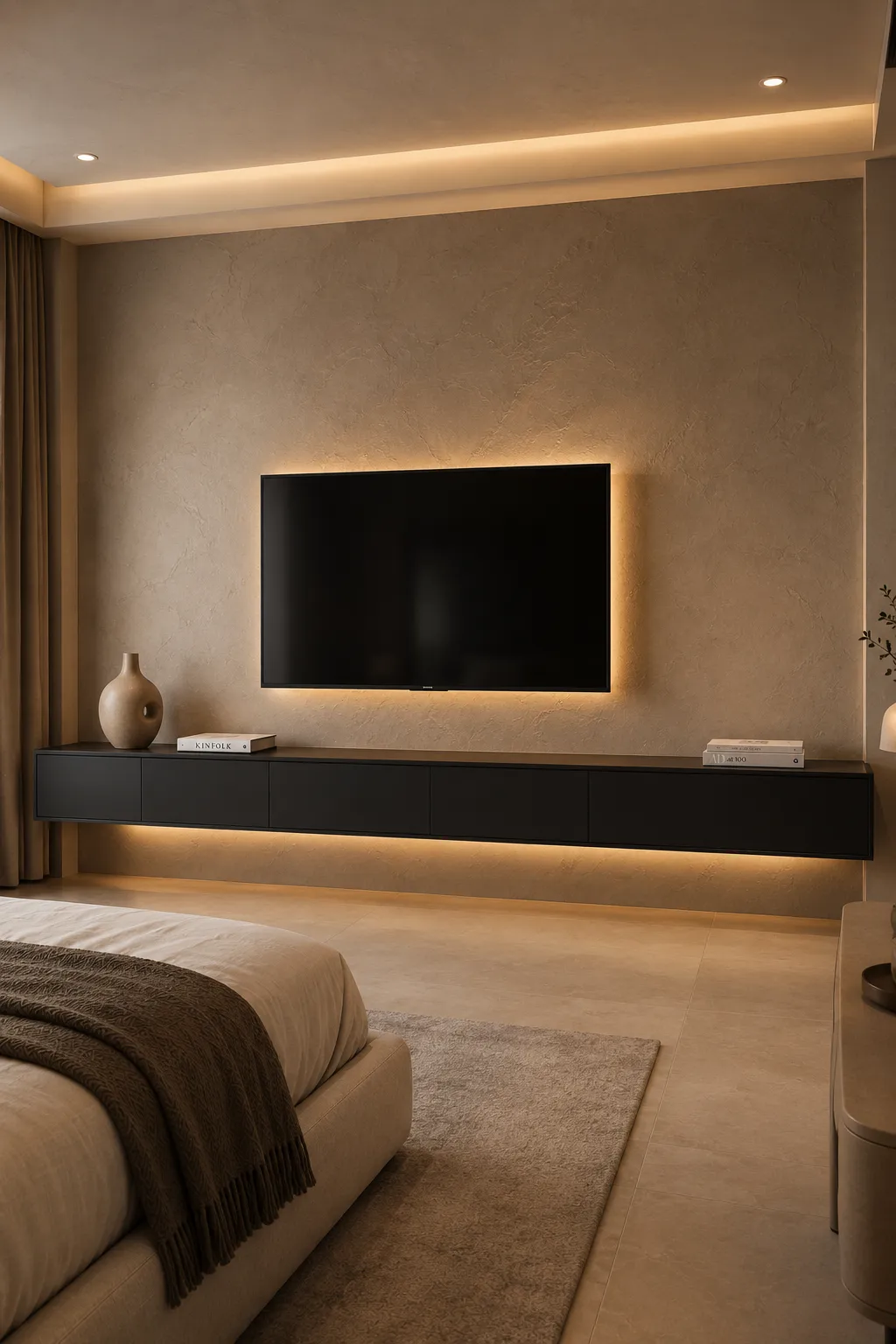Contemporary couples bedroom with a textured taupe plaster TV feature wall, large black flat screen television with warm backlighting, long matte black floating console, concealed LED lighting beneath the console, subtle ceramic decor, neutral cream bedding, beige textured rug, soft curtains, and a sophisticated minimalist interior design.