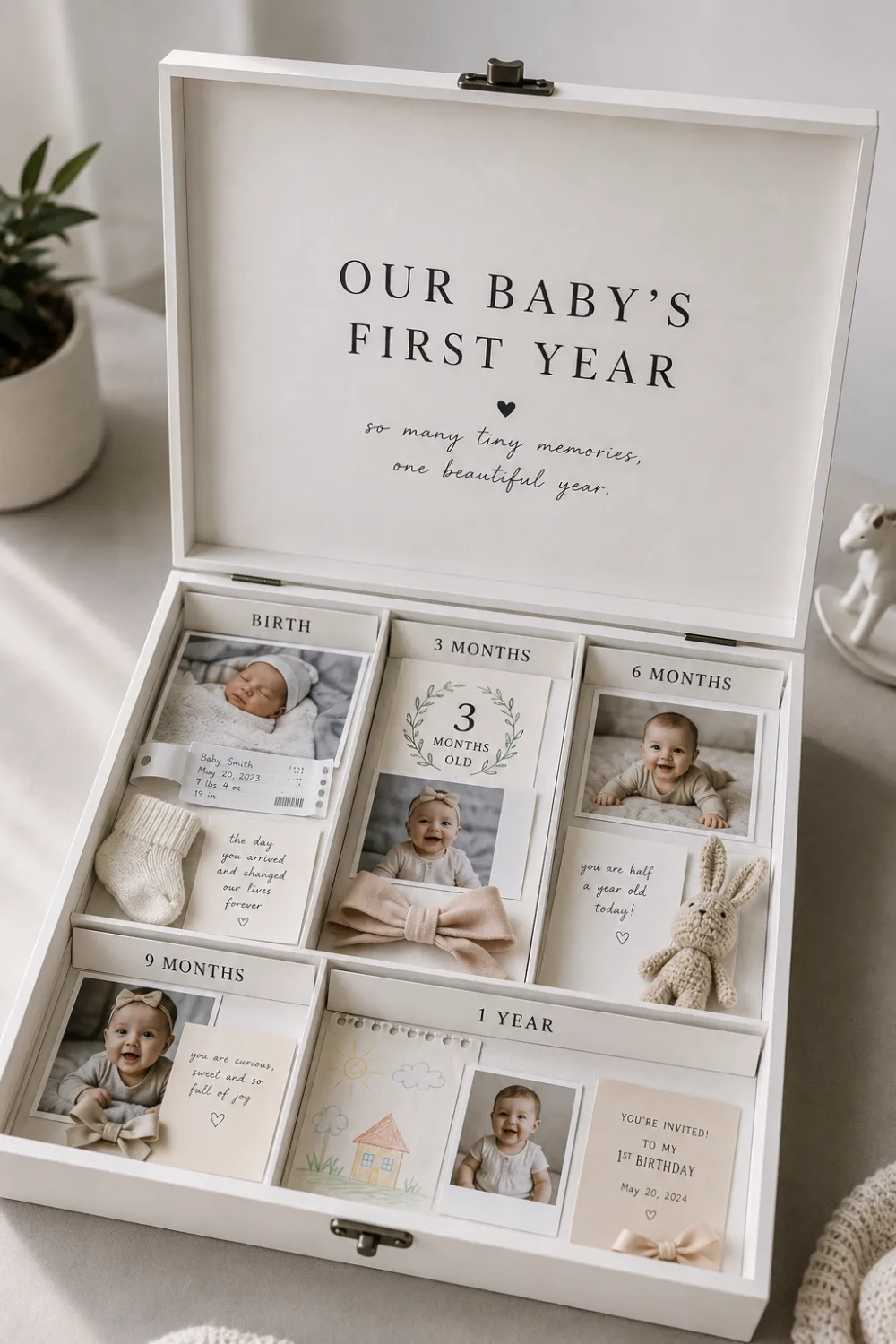 Modern baby first year memory box with organized milestone compartments for birth, three months, six months, nine months, and one year, featuring baby photographs, milestone cards, hospital keepsakes, tiny clothing, first drawings, and birthday memories
