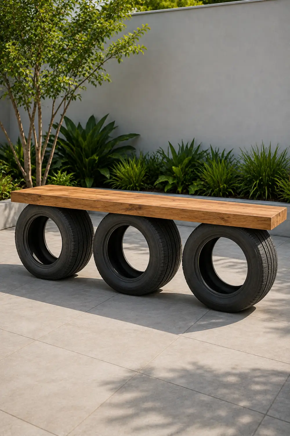 Three recycled black car tires supporting a long thick natural wood seat to create a modern DIY garden bench on a contemporary outdoor patio surrounded by green landscaping