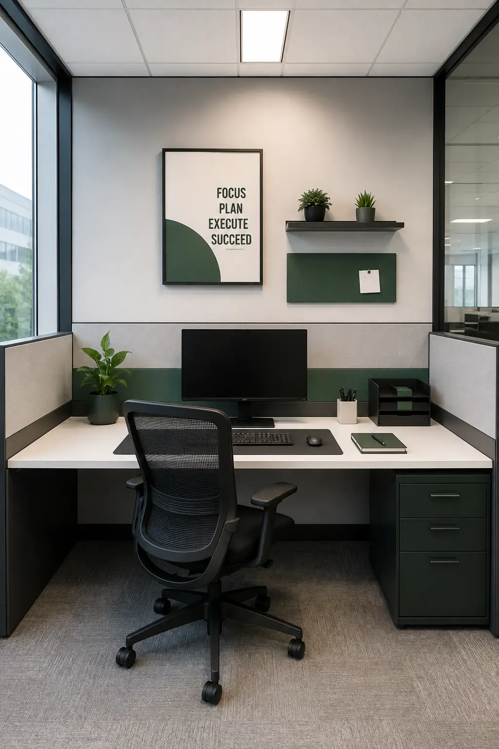 Sleek modern office cubicle featuring a slim adjustable black task lamp positioned beside a centered computer monitor to create a dedicated focused work zone. The complete setup includes a clean white desk, large black desk mat, ergonomic mesh office chair, black storage cabinets, notebook, minimalist pen holder, and small indoor plant. The full cubicle is captured from a centered front-facing architectural perspective with neutral gray walls, black furniture, and soft task lighting creating a clean, professional, organized, and productivity-focused workspace.