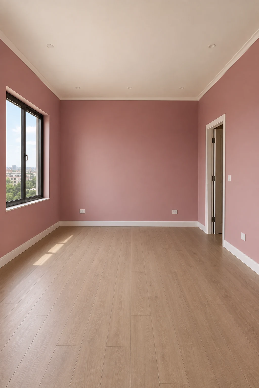 Empty contemporary bedroom featuring all four walls painted in a refined dusty rose shade, with a warm white ceiling, light natural wood flooring, large side window, simple doorway, crisp white baseboards, realistic matte paint texture, soft natural daylight, and an elegant warm atmosphere showcasing sophisticated dusty rose bedroom paint ideas.