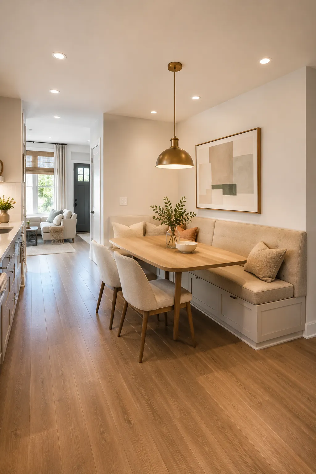 Small open plan dining area featuring a built in cream upholstered banquette with practical storage drawers, compact rounded rectangular natural wood dining table, two cream upholstered dining chairs, large abstract artwork above the bench, warm brass pendant light, light wood flooring, soft neutral walls, modern kitchen connection, natural daylight, and cozy space saving dining room design.