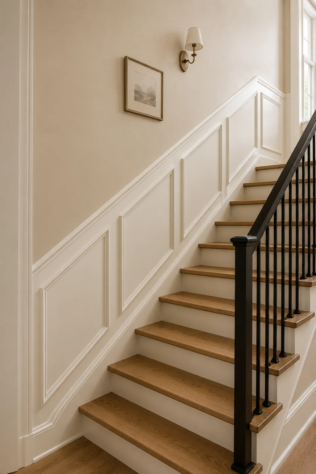 Half height staircase wainscoting featuring warm white decorative wall panels that follow the rising stair angle, soft cream walls above, natural oak stair treads, black railing, classic wall sconce, and subtle framed artwork for an elegant transitional staircase design.