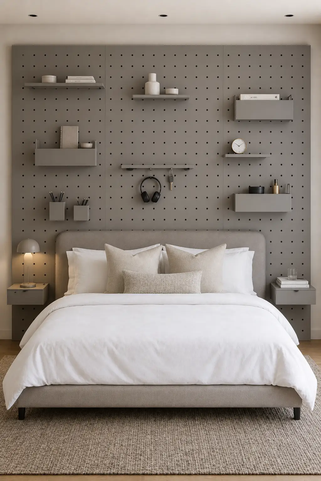 Modern DIY pegboard headboard wall covering the full width behind a contemporary upholstered bed, featuring a large matte taupe-gray pegboard with an evenly spaced grid of small circular holes. The functional headboard includes minimalist floating shelves, small storage compartments, narrow ledges, books, a simple clock, decorative ceramic objects, hooks, and neatly arranged bedroom accessories. The lower section frames a soft beige upholstered bed with crisp white bedding, layered cream pillows, a textured neutral cushion, small floating bedside tables, and modern table lamps. The pegboard extends substantially wider than the bed and reaches high toward the ceiling, with the complete storage wall captured straight on in a clean contemporary interior photography composition.