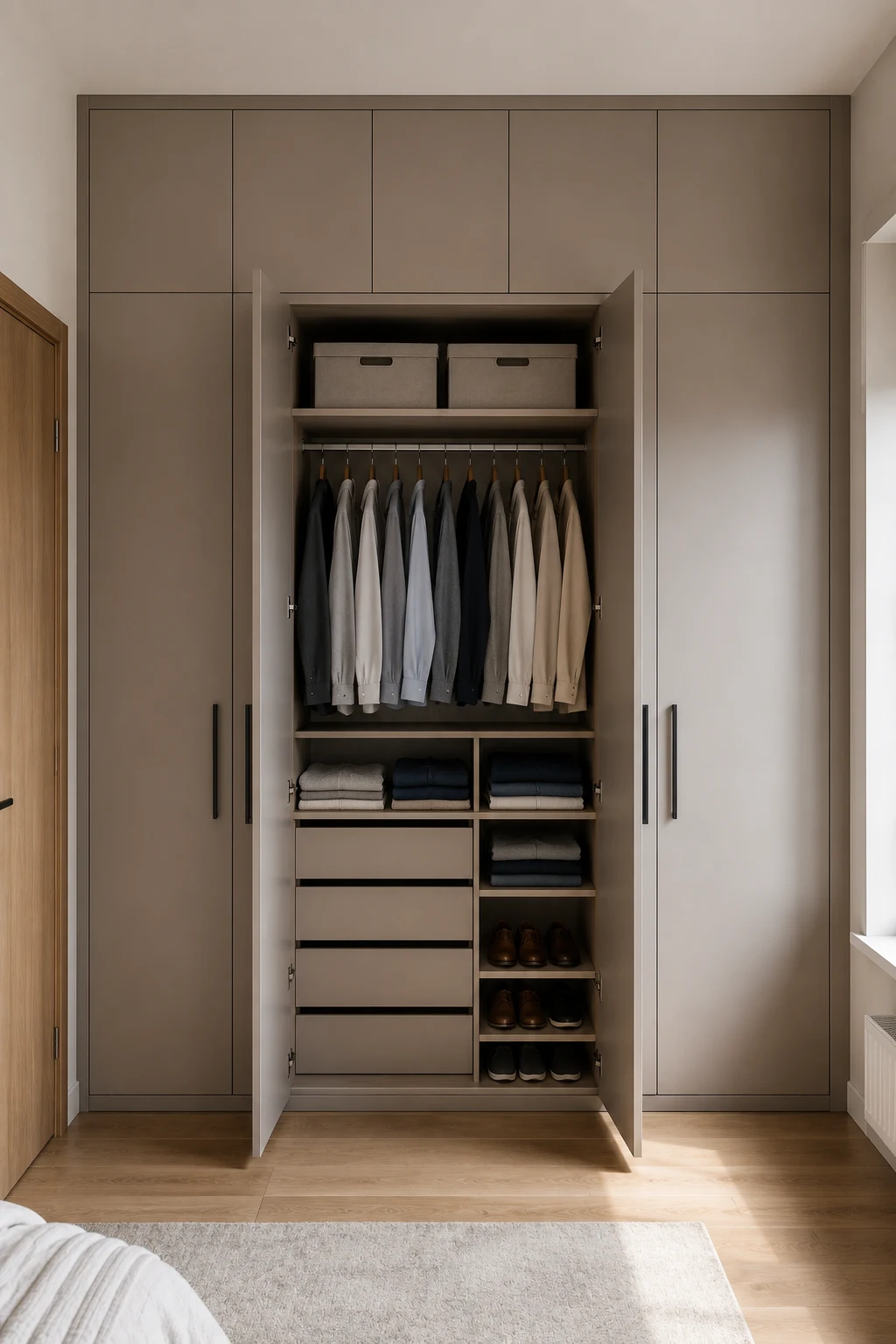 Modern small bedroom featuring a full-height built-in wardrobe extending almost to the ceiling with tall contemporary doors and an open central section. Inside are hanging shirts, jackets, folded clothes, drawers, shoes, storage boxes, and organized shelving, demonstrating efficient vertical wardrobe storage for a compact bedroom.