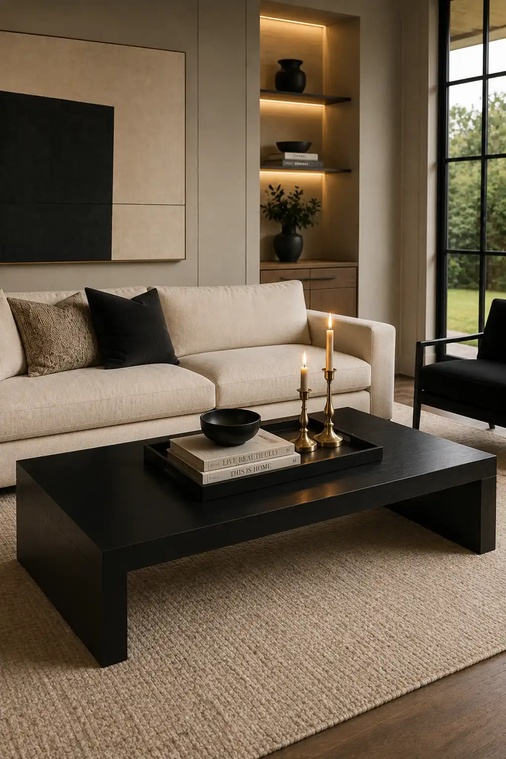 Modern black rectangular coffee table styled with a large black decorative tray containing stacked neutral coffee table books, a small black ceramic bowl, and two elegant brass candleholders at different heights, creating a sophisticated luxury arrangement in a contemporary neutral living room with cream seating and warm ambient lighting.
