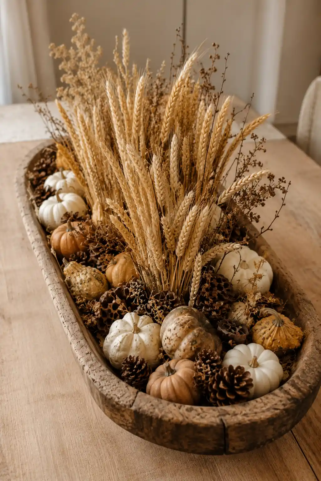 Long weathered wooden dough bowl featuring tall golden dried wheat stems rising from the center, surrounded by miniature cream, tan, and muted orange pumpkins, rustic gourds, pinecones, dried seed pods, natural branches, and preserved harvest botanicals arranged on a warm wooden dining table.