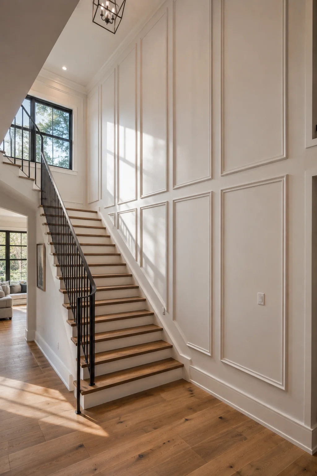 Sophisticated staircase wall featuring tall floor-to-ceiling rectangular panel molding painted in a soft warm ivory finish. The elegant architectural wall treatment creates a luxurious custom look beside natural oak stair treads, a slim black railing, large windows, warm wood flooring, and abundant natural daylight in a refined contemporary home.