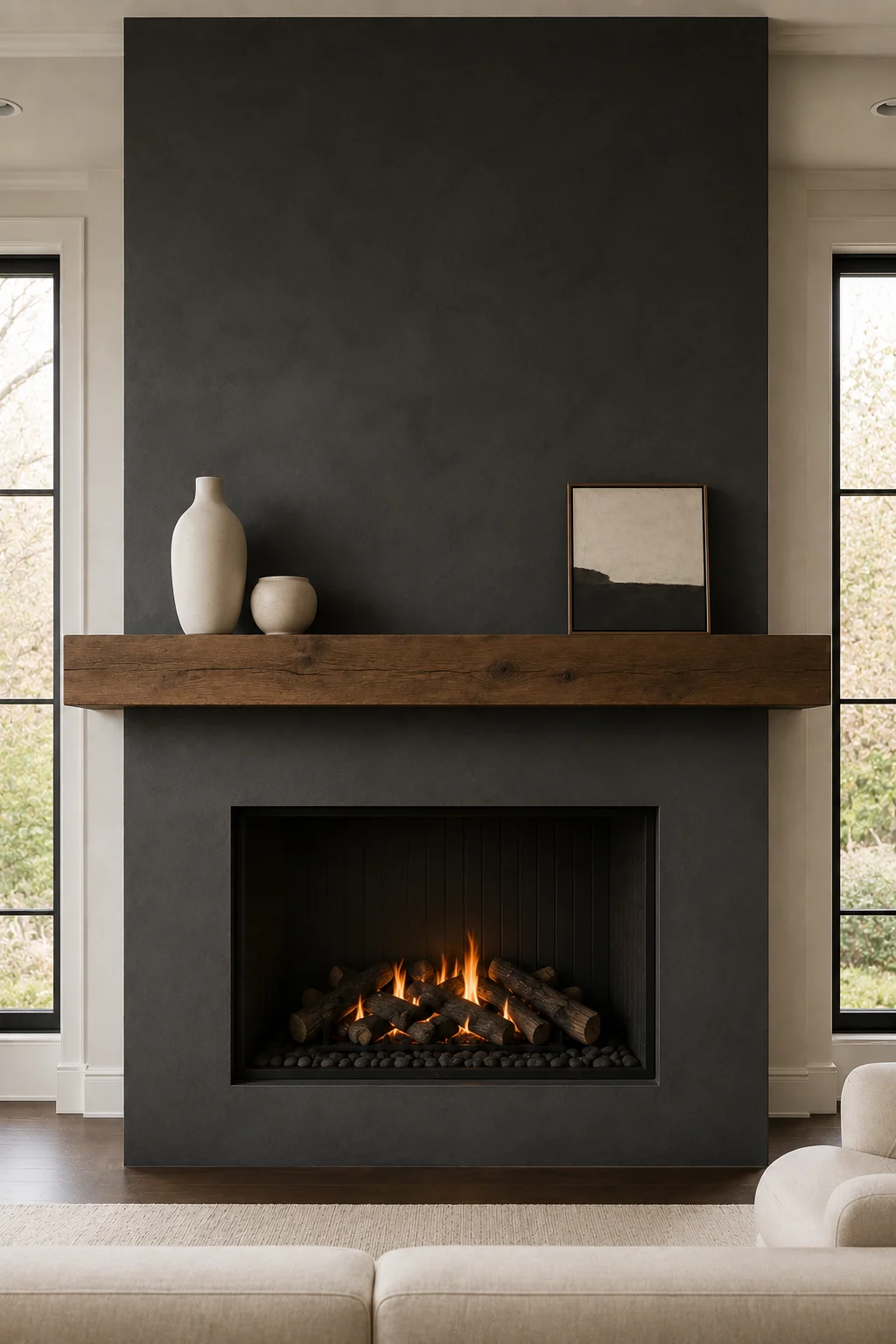 Dramatic modern fireplace wall finished in deep charcoal with a substantial natural warm wood mantel creating contrast and visual warmth. The mantel is decorated with two cream ceramic vessels on one side and a small neutral framed artwork on the opposite side for an understated asymmetrical arrangement. A wide black firebox with glowing flames and natural logs anchors the feature, while large windows, cream sofas, a light area rug, and dark wood flooring complete the sophisticated contemporary living room.