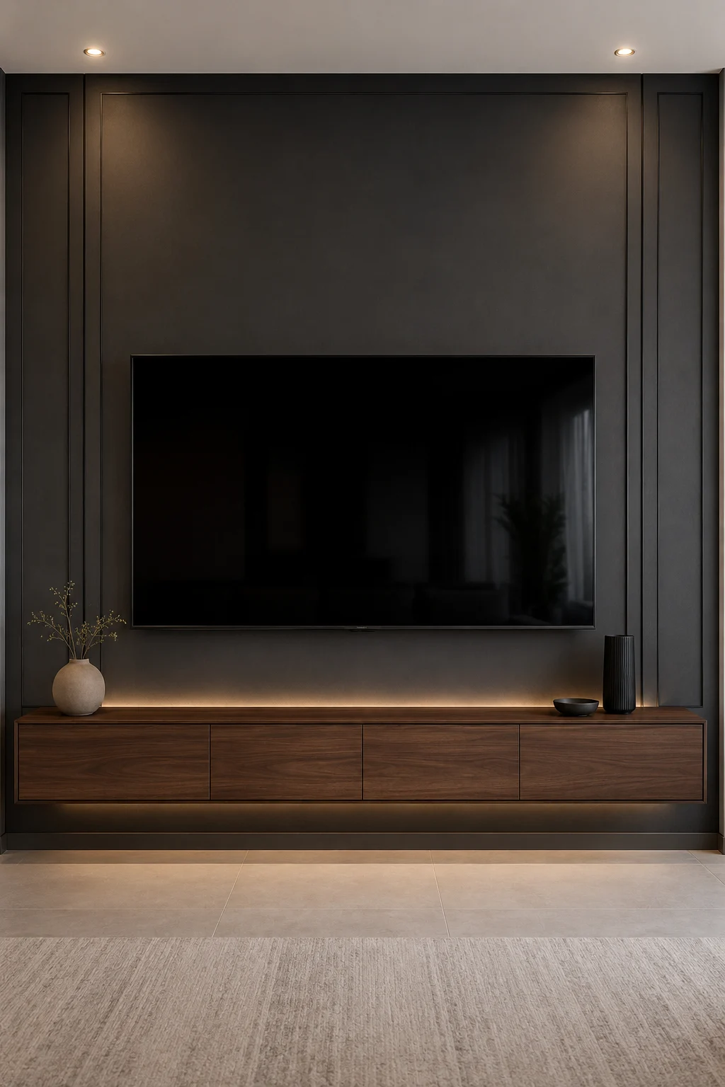 Deep charcoal modern TV feature wall featuring a large black flat screen television integrated into a dark architectural panel surround, subtle framed wall detailing, long rich walnut floating media console with handleless storage, warm concealed lighting beneath the television and cabinet, natural walnut grain, soft neutral flooring, minimalist ceramic décor, and sophisticated contemporary living room styling.