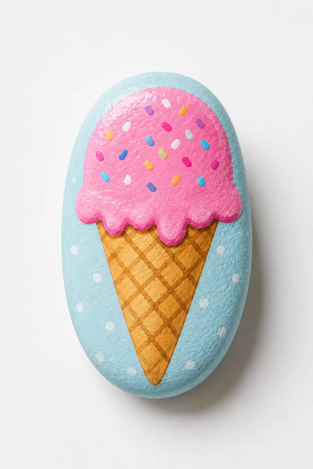Cute ice cream cone rock painting featuring a soft pink scoop covered with colorful sprinkles above a golden waffle cone, painted on a smooth oval stone with a light blue background and white decorative dots, creating a cheerful summer painted rock design with bright acrylic colors and detailed texture.