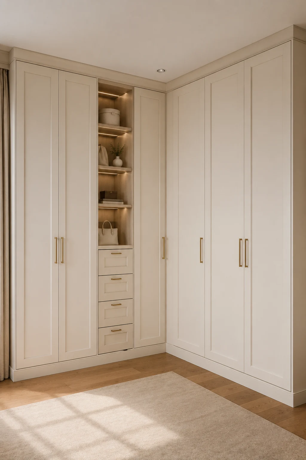 Smart corner IKEA closet wrapping around two adjoining bedroom walls, featuring full-height cream paneled cabinets, a narrow illuminated open shelving column, multiple built-in drawers, brass handles, concealed clothing storage, decorative baskets and accessories, warm recessed lighting, natural wood flooring, and a large neutral rug for efficient corner wardrobe organization.
