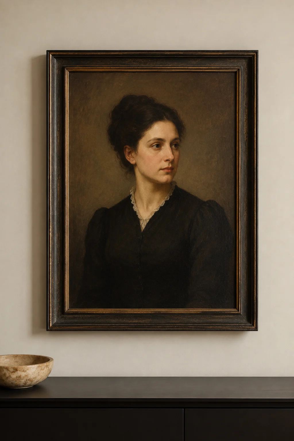 Framed antique portrait with a dark aged wood and subtle gold frame displayed above a sleek charcoal modern cabinet, styled with a single natural stone bowl in a warm neutral contemporary interior.