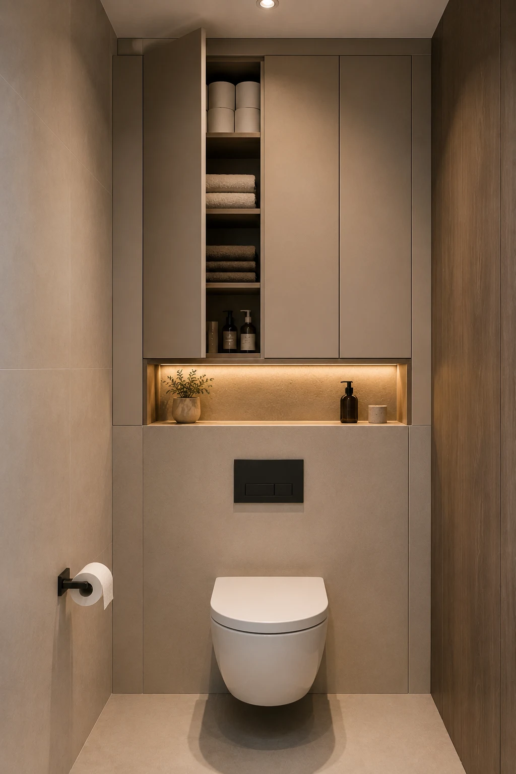 Modern over toilet bathroom storage featuring floor to ceiling built in cabinetry above a wall hung toilet, with one handle free door open to reveal shelves for folded towels, spare toilet paper, toiletries, and everyday bathroom supplies.