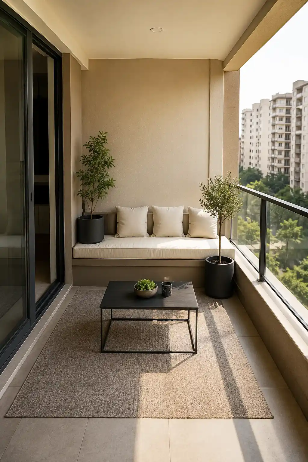 Modern small apartment balcony featuring a built in cream seating bench positioned against the back wall with three neutral cushions. A slim black rectangular coffee table, large neutral outdoor rug, two tall potted plants, and glass railing create a space efficient balcony seating nook with a bright urban apartment view.