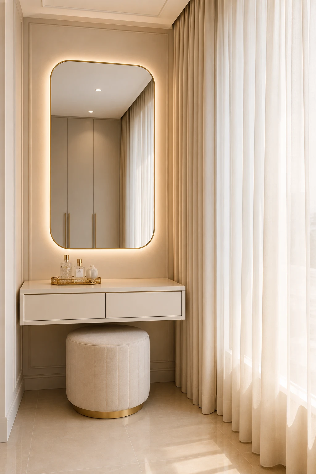 Modern vanity positioned beside a tall bright window with elegant full height ivory sheer curtains and warm beige drapery, featuring a slim floating cream vanity with two handleless drawers, a large rounded rectangular mirror with a thin champagne gold frame and soft warm LED backlighting, a cylindrical cream upholstered vanity stool with a gold base, a refined gold perfume tray, subtle beige wall molding, natural daylight filtering through the curtains, warm neutral flooring, and a light filled contemporary vanity corner designed to feel airy, cozy, elegant, and spacious.
