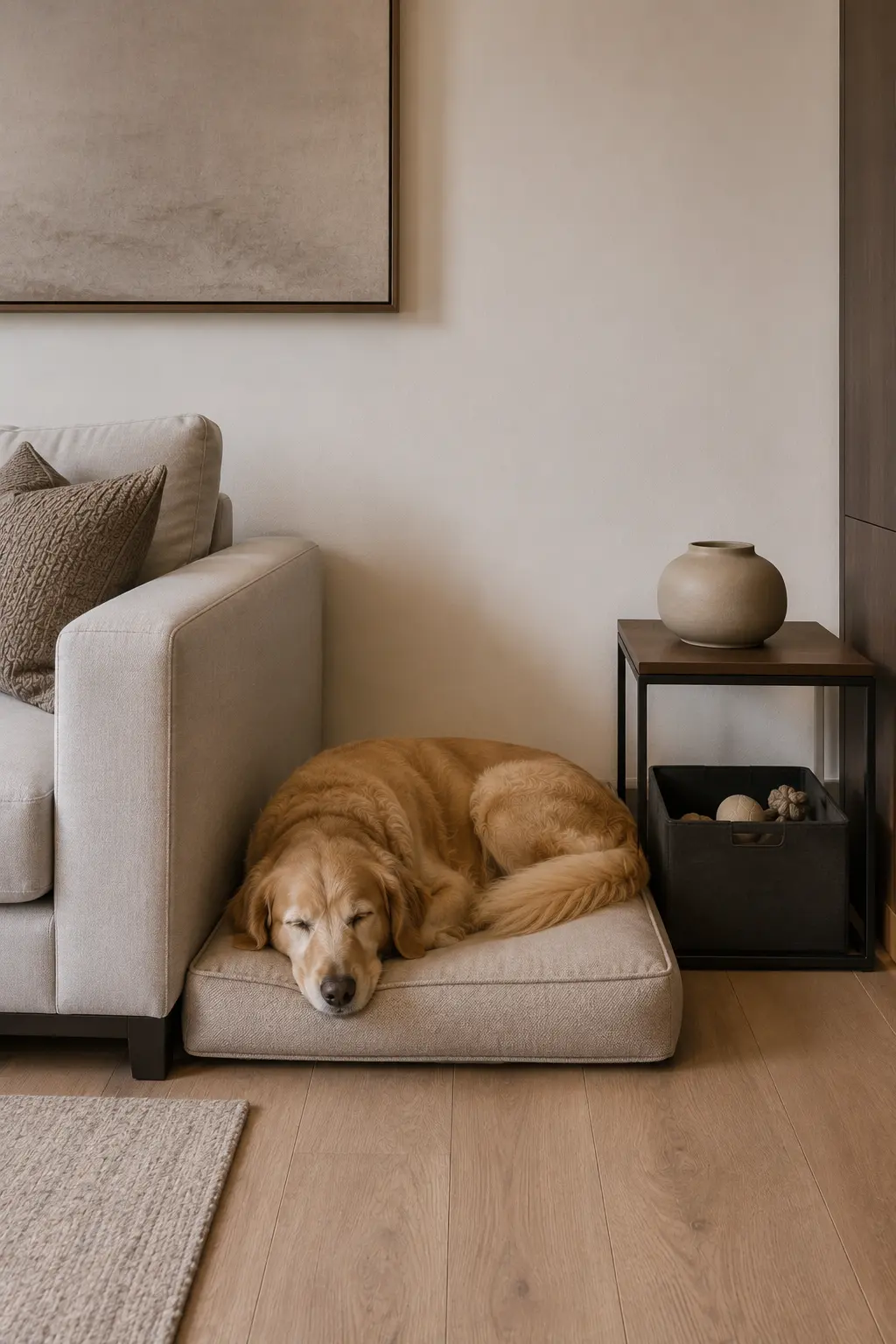 Modern dog bed tucked neatly beside a contemporary cream sofa, featuring a low profile rectangular neutral dog cushion positioned in the narrow space between the sofa and a dark wood side table, a golden retriever sleeping comfortably, small pet toy storage underneath the table, warm wood flooring, neutral furnishings, and elegant minimalist living room styling.