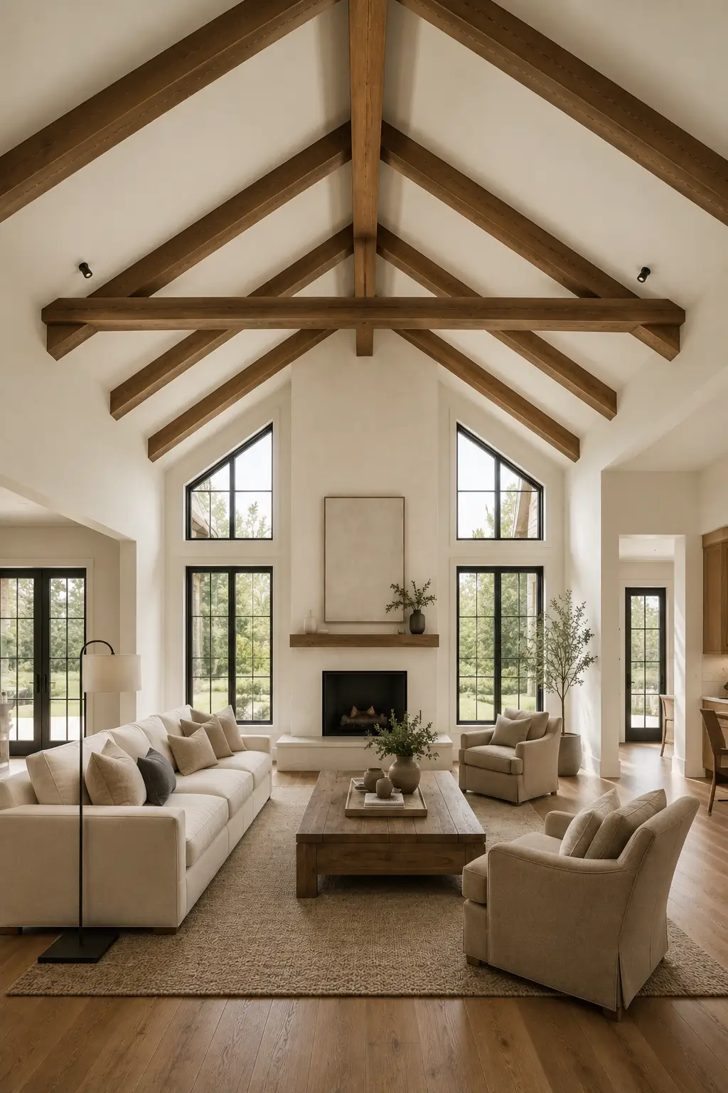 Bright vaulted living room featuring natural oak rafters, a central ridge beam, and a substantial horizontal cross beam that adds architectural structure, paired with tall black framed windows, cream seating, a minimalist fireplace, neutral decor, and warm wood floors.