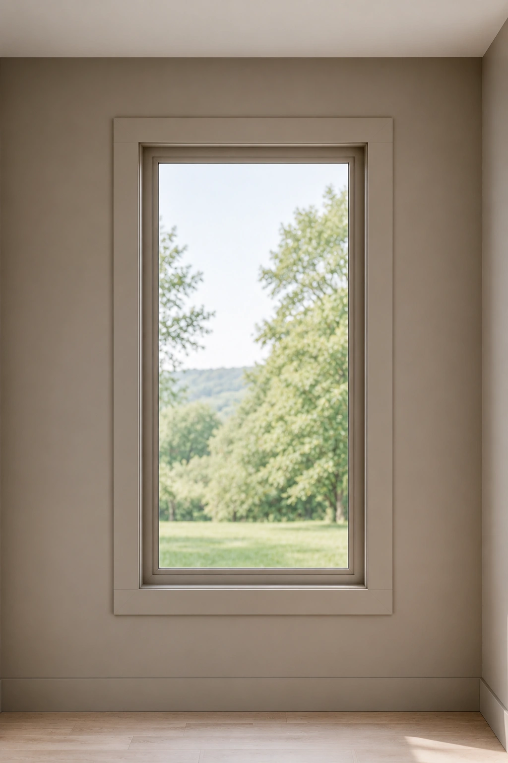 Warm taupe window trim framing a tall rectangular window against a coordinating neutral wall. The broad flat casing uses a soft muted taupe finish to create gentle definition, subtle architectural depth, and a cohesive window treatment suited to warm beige and neutral contemporary interiors.
