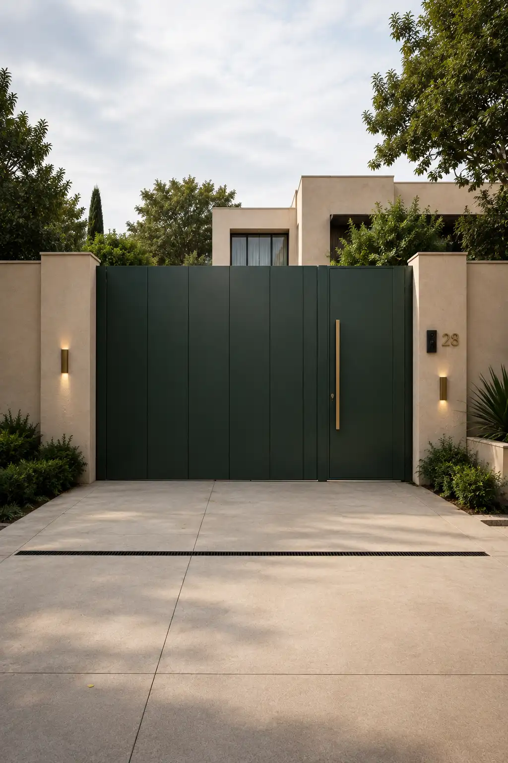 Modern entrance gate design featuring tall deep forest green metal panels with clean vertical joints, a long brass toned handle, warm beige boundary walls, minimalist exterior sconces, subtle house numbers, lush green landscaping, and a clean concrete driveway for a sophisticated contemporary home entrance.