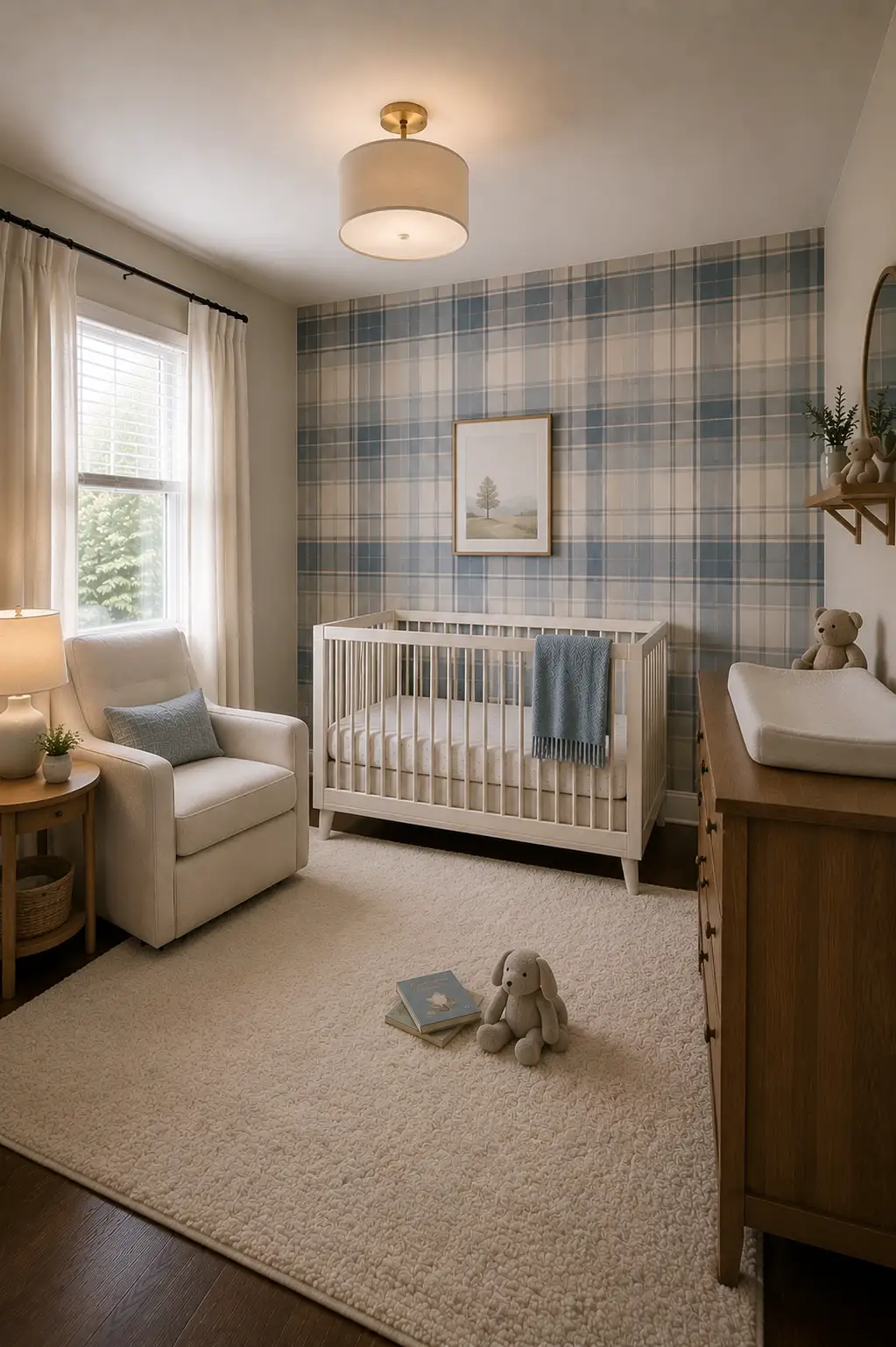 Tailored baby boy nursery with muted blue, cream, and gray plaid wallpaper covering the crib wall, simple white crib, warm wood changing dresser, cream upholstered nursing chair, ivory curtains, soft blue blanket, textured cream area rug, minimal landscape artwork, and warm lighting creating a classic patterned nursery.