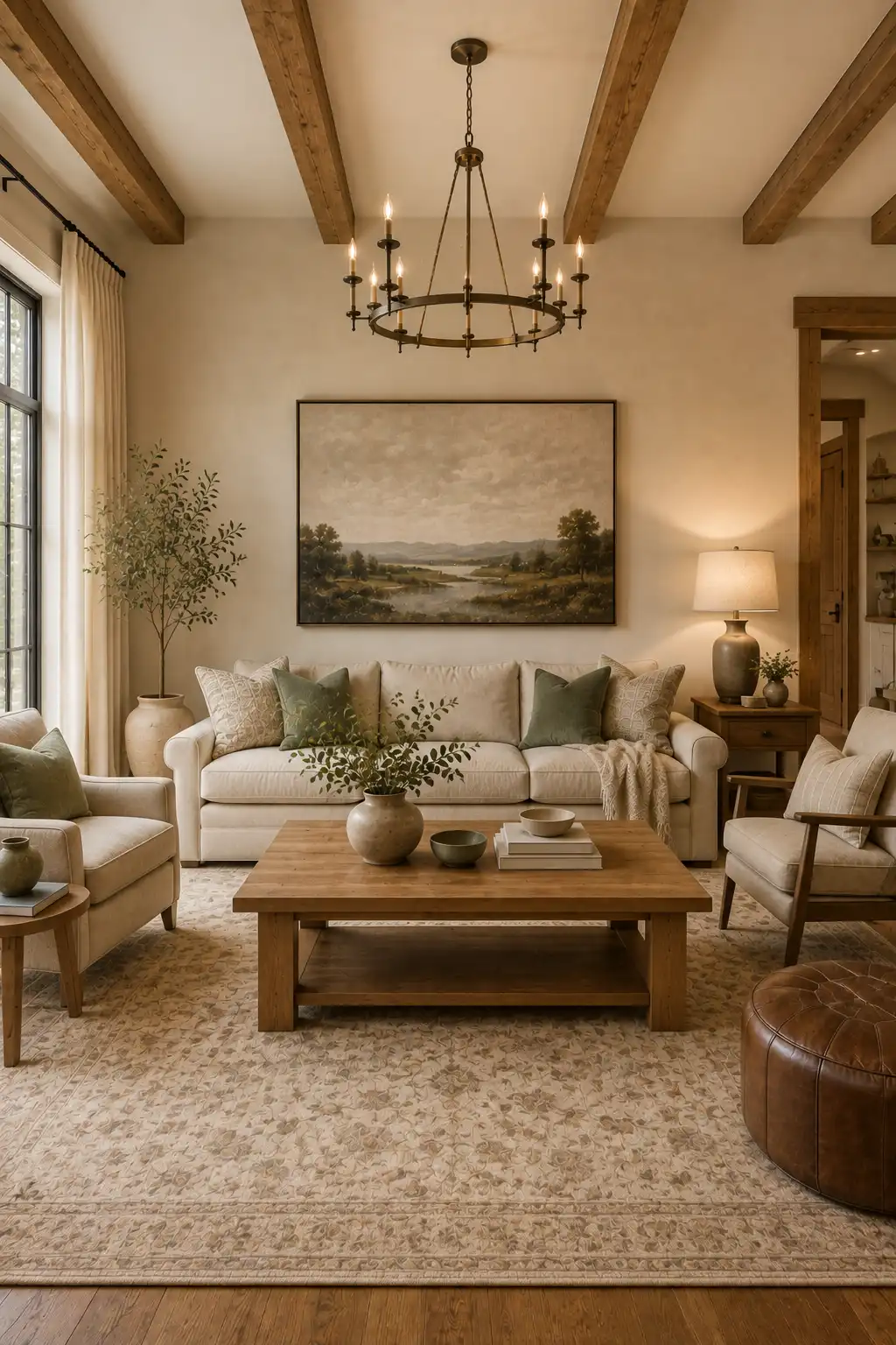 Warm farmhouse living room featuring a cream sofa layered with muted sage green and textured neutral pillows, natural oak coffee table, soft patterned area rug, exposed wood ceiling beams, aged brass chandelier, oversized countryside artwork, cream accent chairs, and subtle greenery.
