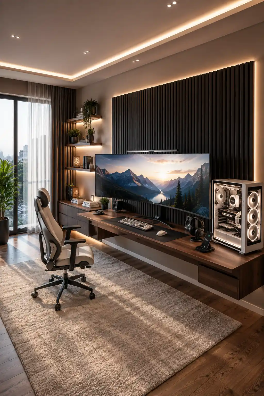 Modern gaming room featuring a large curved ultrawide gaming monitor, long walnut floating desk, white RGB gaming PC, light ergonomic chair, tall black slatted feature wall, warm backlighting, floating shelves, indoor plants, neutral textured rug, and floor to ceiling windows.
